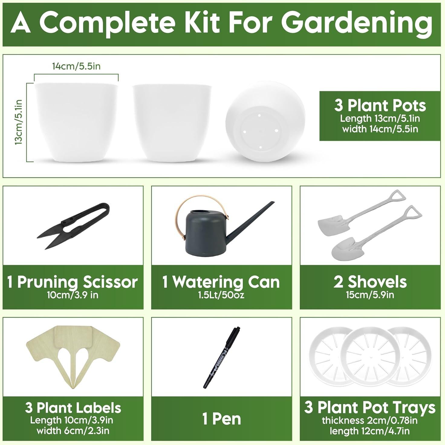 Kit de Jardín Interior JNGrow - Macetas Grandes y Regadera Blanca