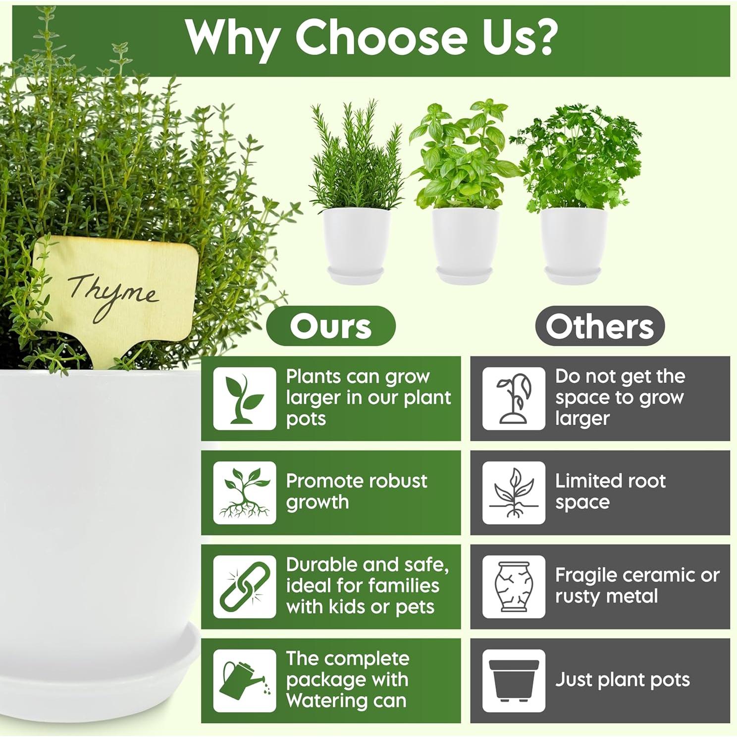 Kit de Jardín Interior JNGrow - Macetas Grandes y Regadera Blanca