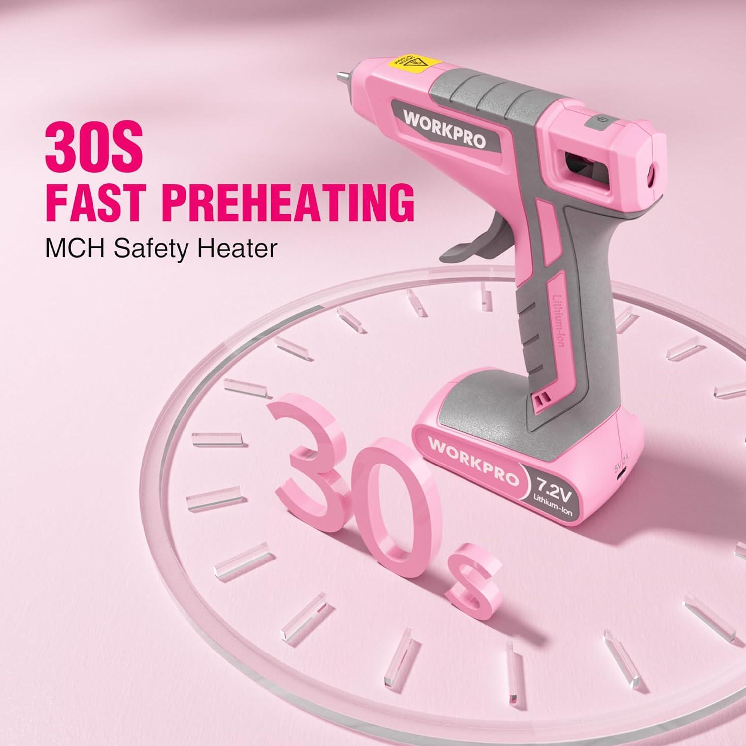 WORKPRO Cordless Hot Glue Gun, 7.2V Glue Gun with 50 Pcs Premium Mini Glue Sticks and Storage Bag, 2600mAh Type-C Rechargeable, Dual-Temp Hot Glue Gun Kit for DIY, Crafting and Arts