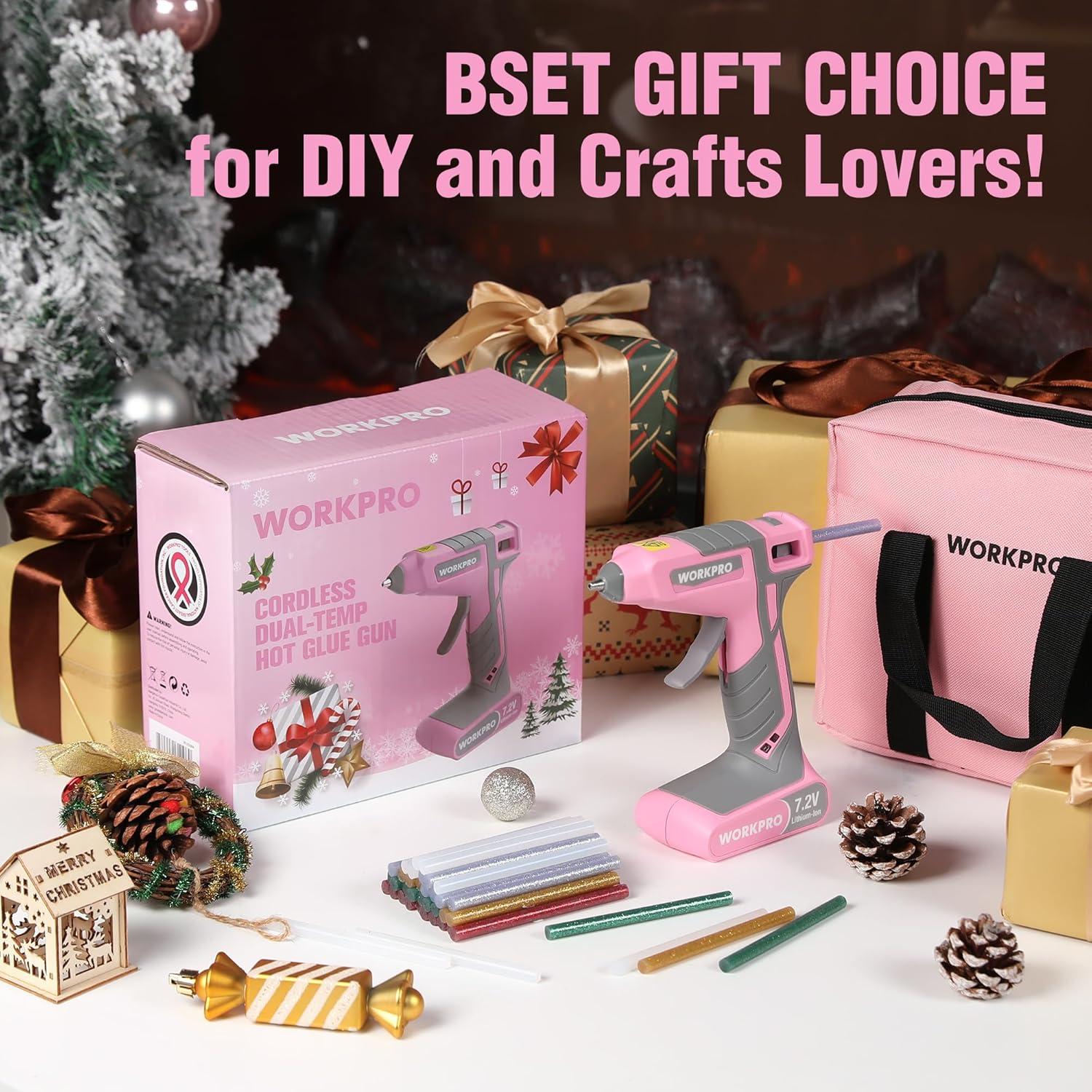 WORKPRO Cordless Hot Glue Gun, 7.2V Glue Gun with 50 Pcs Premium Mini Glue Sticks and Storage Bag, 2600mAh Type-C Rechargeable, Dual-Temp Hot Glue Gun Kit for DIY, Crafting and Arts