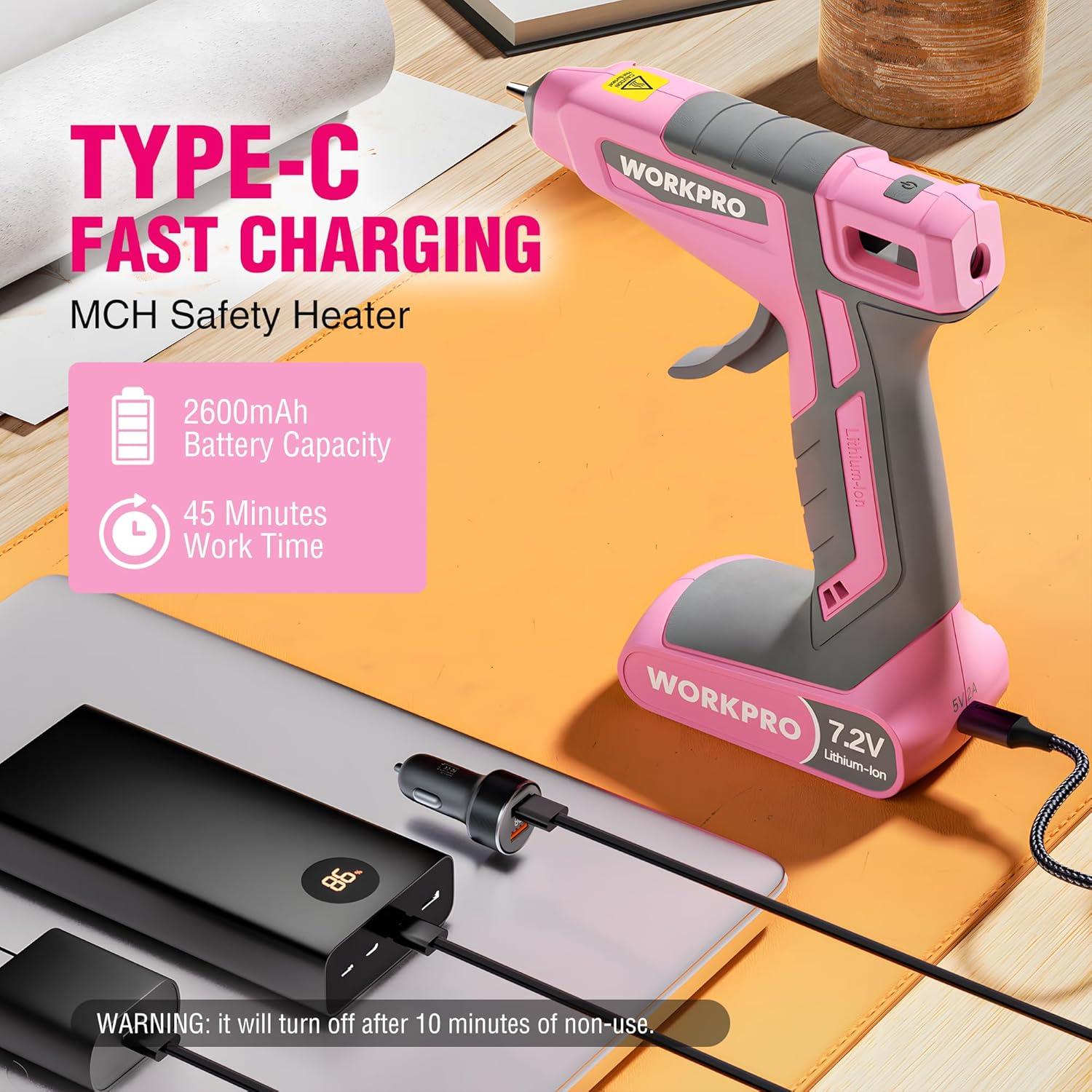 WORKPRO Cordless Hot Glue Gun, 7.2V Glue Gun with 50 Pcs Premium Mini Glue Sticks and Storage Bag, 2600mAh Type-C Rechargeable, Dual-Temp Hot Glue Gun Kit for DIY, Crafting and Arts