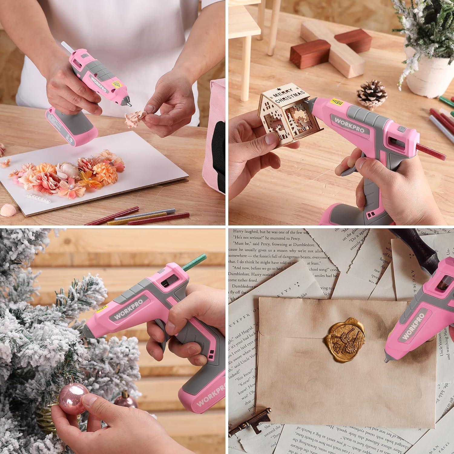 WORKPRO Cordless Hot Glue Gun, 7.2V Glue Gun with 50 Pcs Premium Mini Glue Sticks and Storage Bag, 2600mAh Type-C Rechargeable, Dual-Temp Hot Glue Gun Kit for DIY, Crafting and Arts