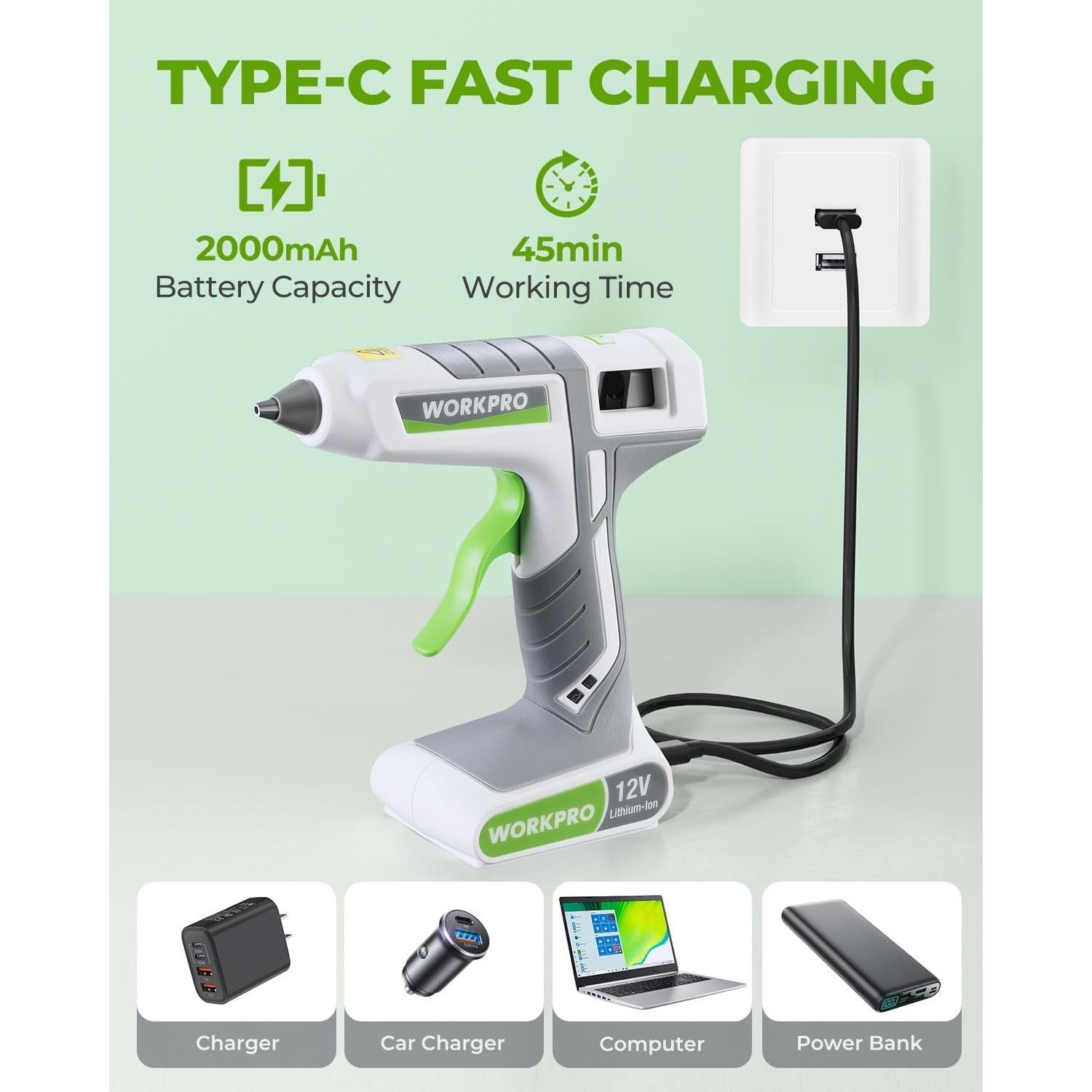 Pistola de Pegamento Caliente Inalámbrica WORKPRO 12V con 15 Barras