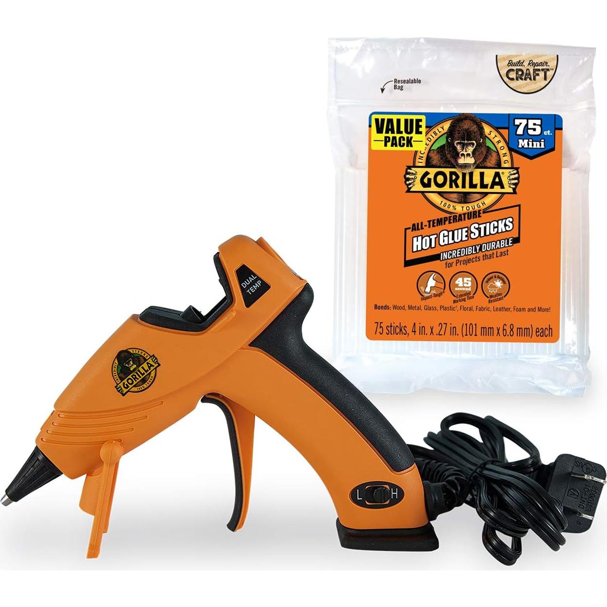 Kit Pistola de Pegamento Caliente Dual GORILLA + 75 Barras 10.16cm