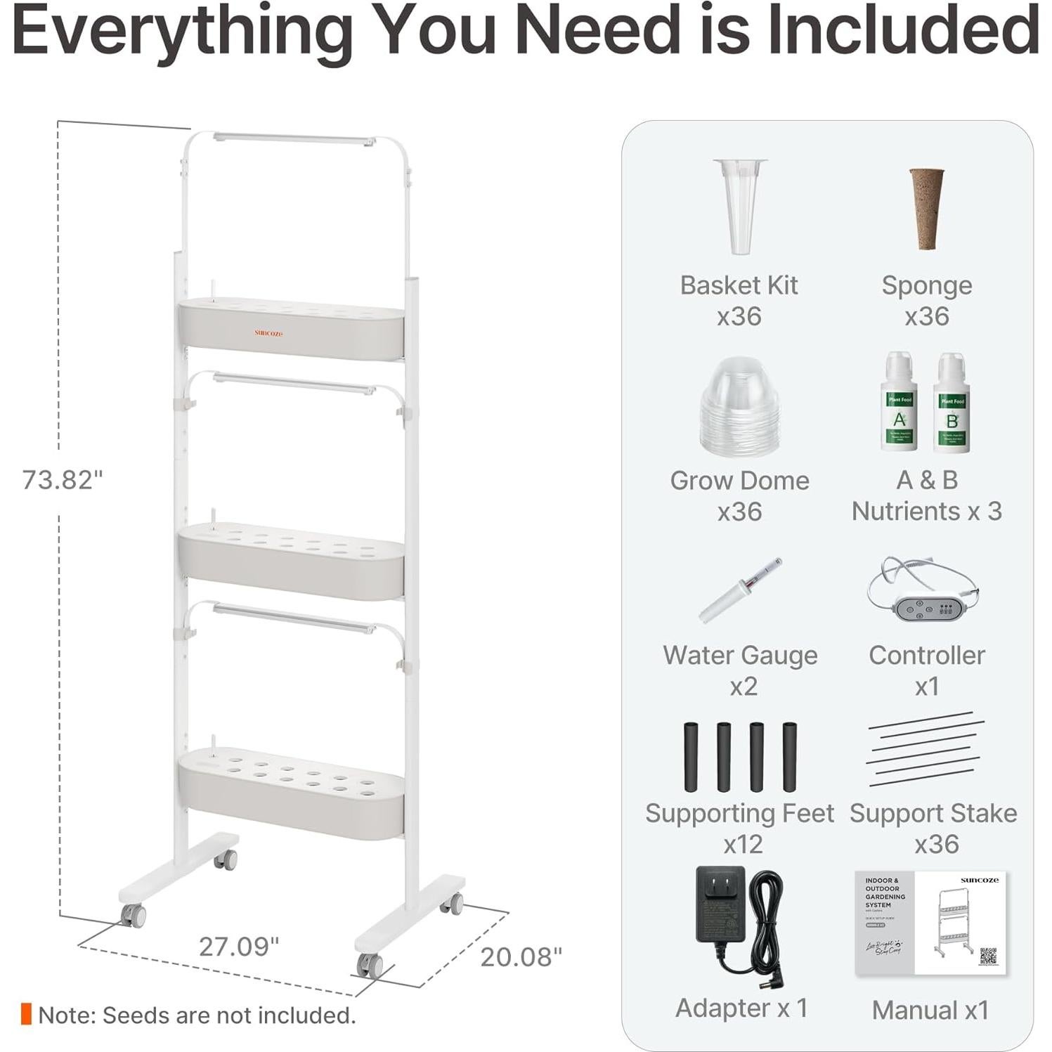 Kit Hidropónico SUNCOZE 3 Niveles con 36 Cápsulas y Luces LED