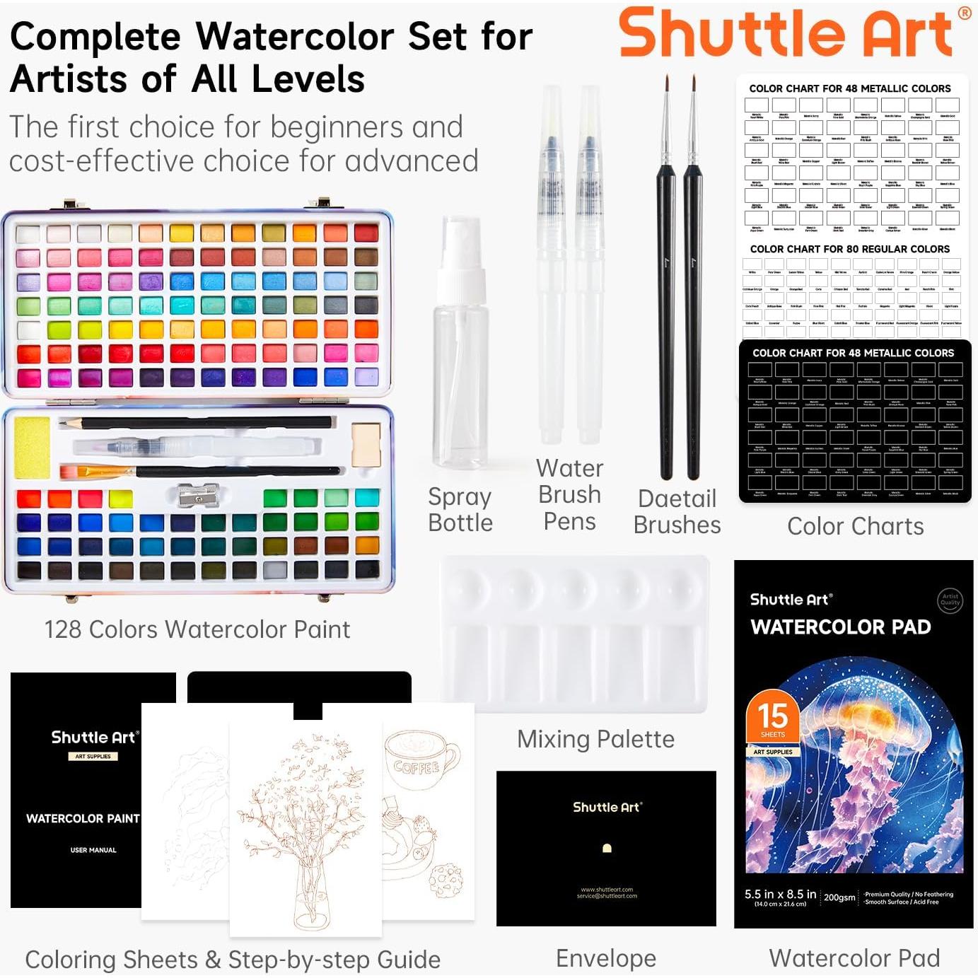 Juego de Pintura Acuarela Shuttle Art 128 Colores y Herramientas