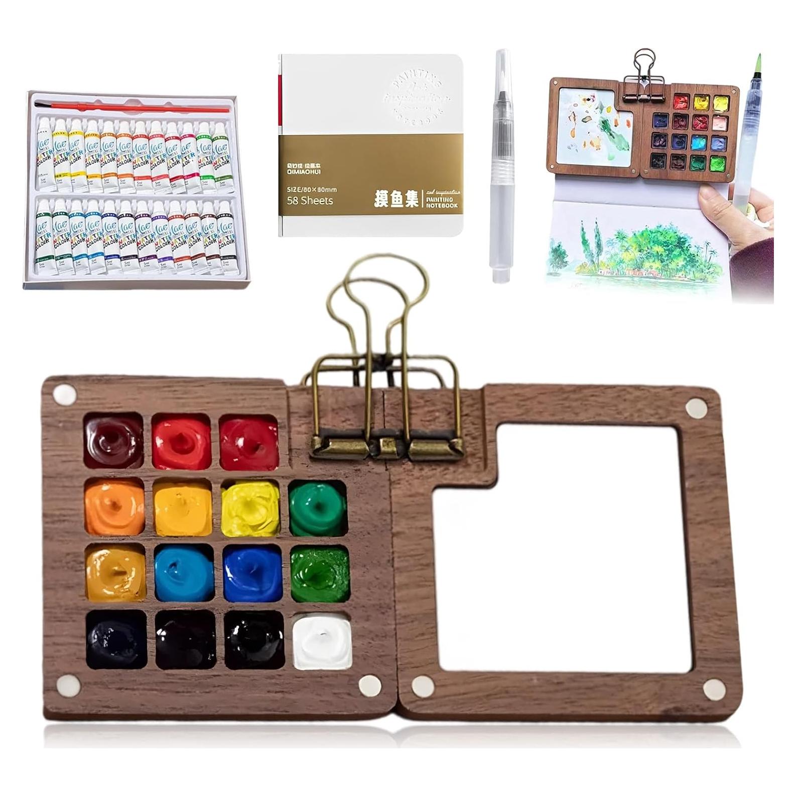 Juego de Acuarelas Mini RunBuxd con Paleta de Madera 15 Colores