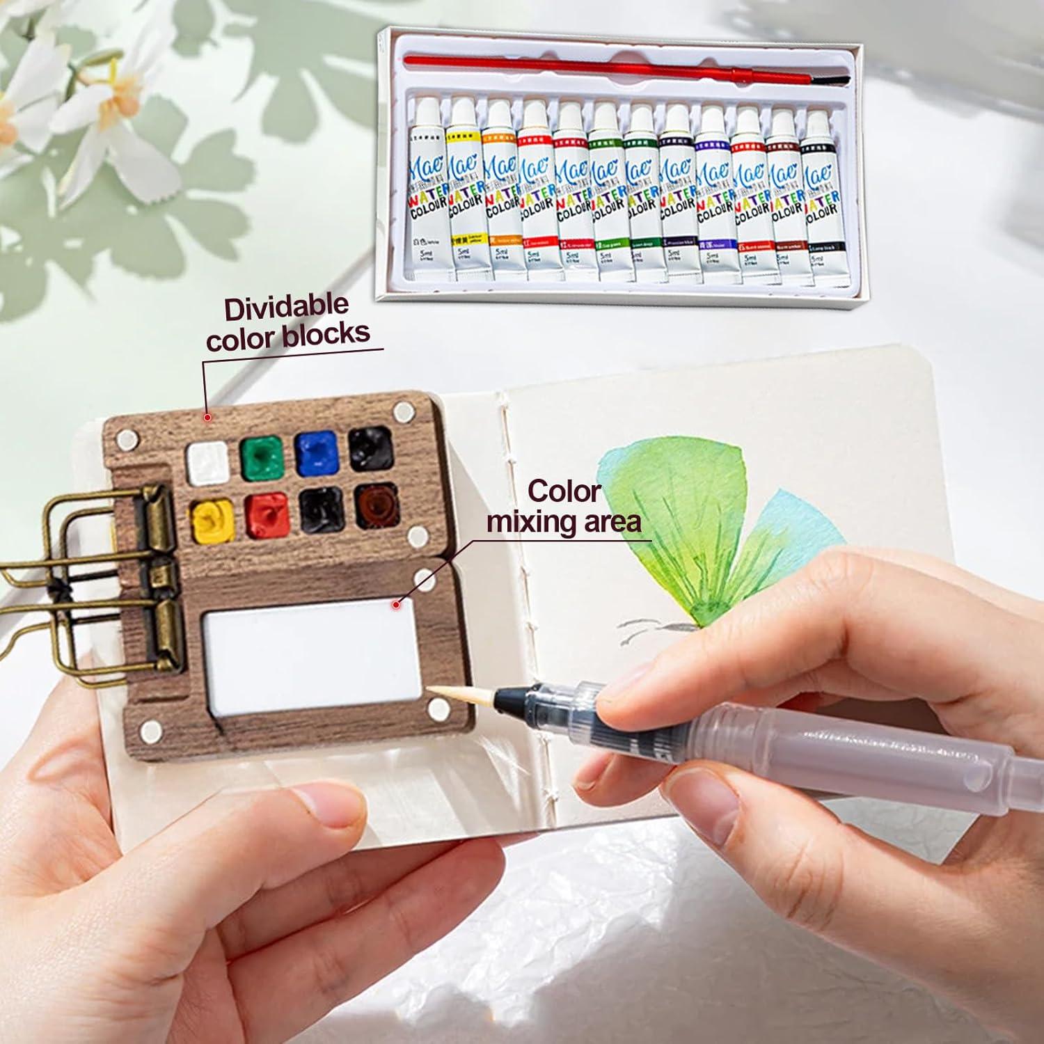 Juego de Acuarelas Mini RunBuxd con Paleta de Madera 15 Colores