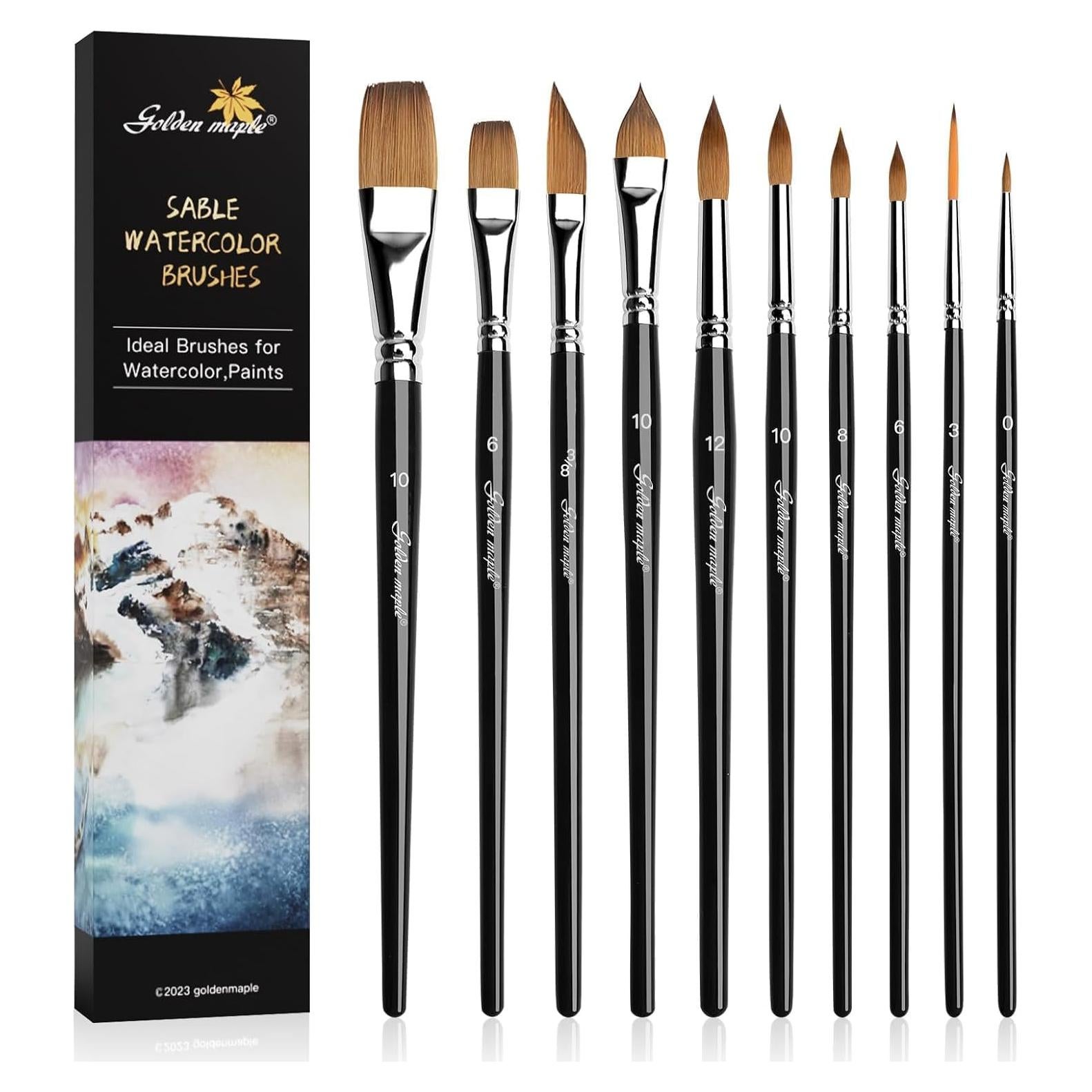 Juego de 10 Pinceles de Acuarela Arce Dorado - Punta Redonda y Planos