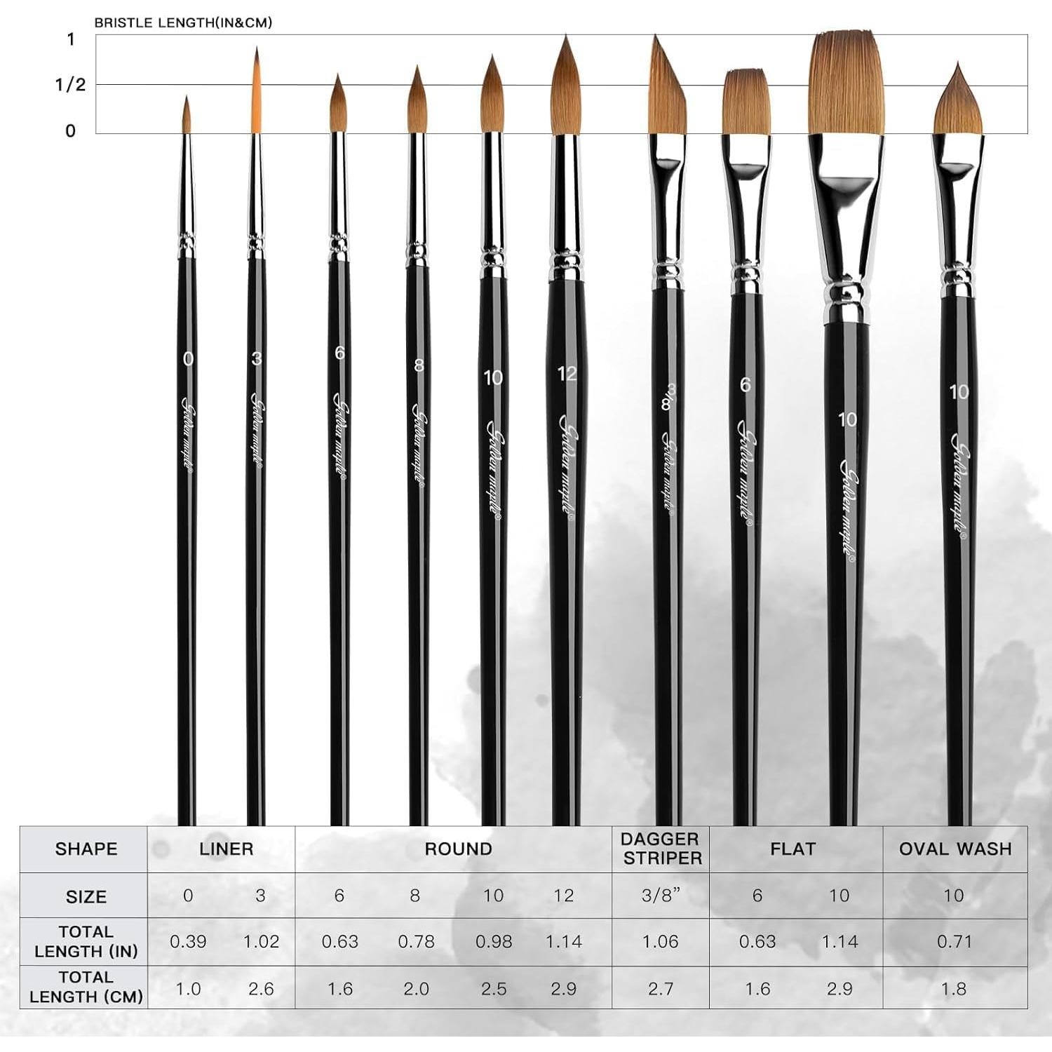 Juego de 10 Pinceles de Acuarela Arce Dorado - Punta Redonda y Planos