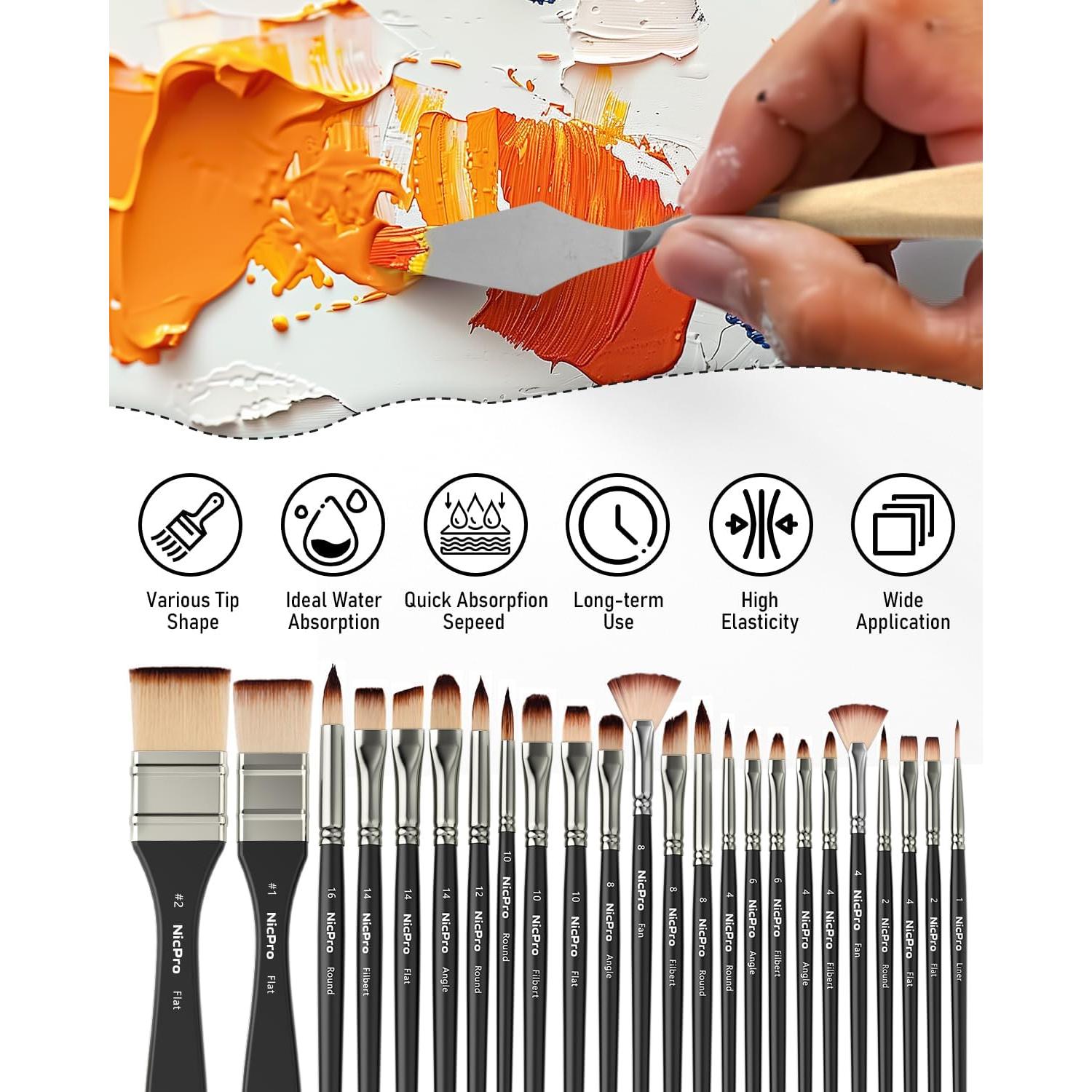 Conjunto de Pinceles de Pintura Nicpro 26pcs Nylon para Acrílico y Acuarela