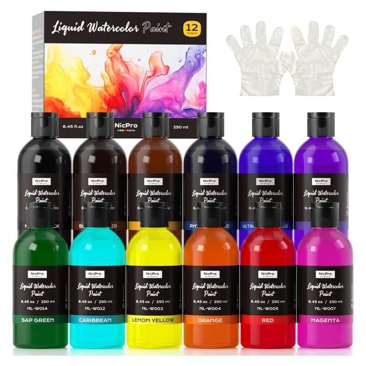 Juego de Pintura Acuarela Líquida Nicpro 12 Colores 250 ml