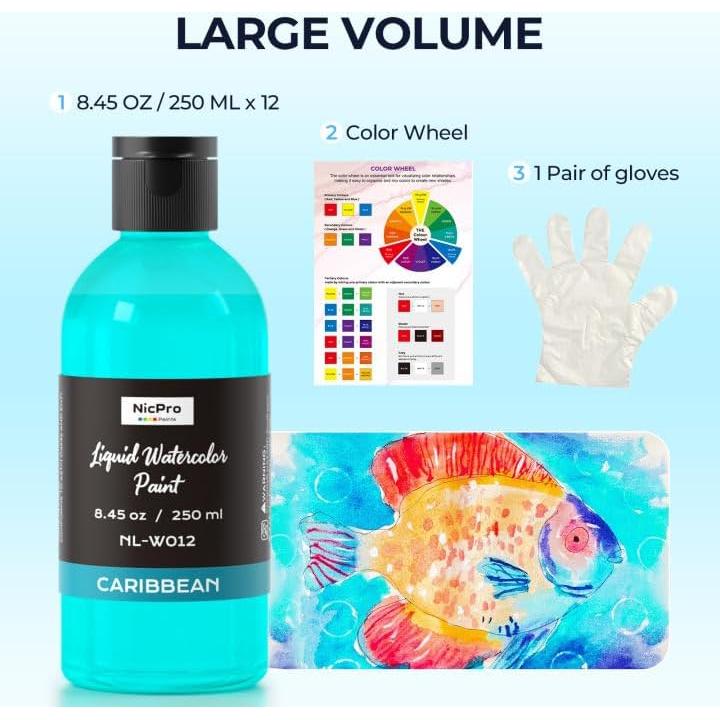 Juego de Pintura Acuarela Líquida Nicpro 12 Colores 250 ml