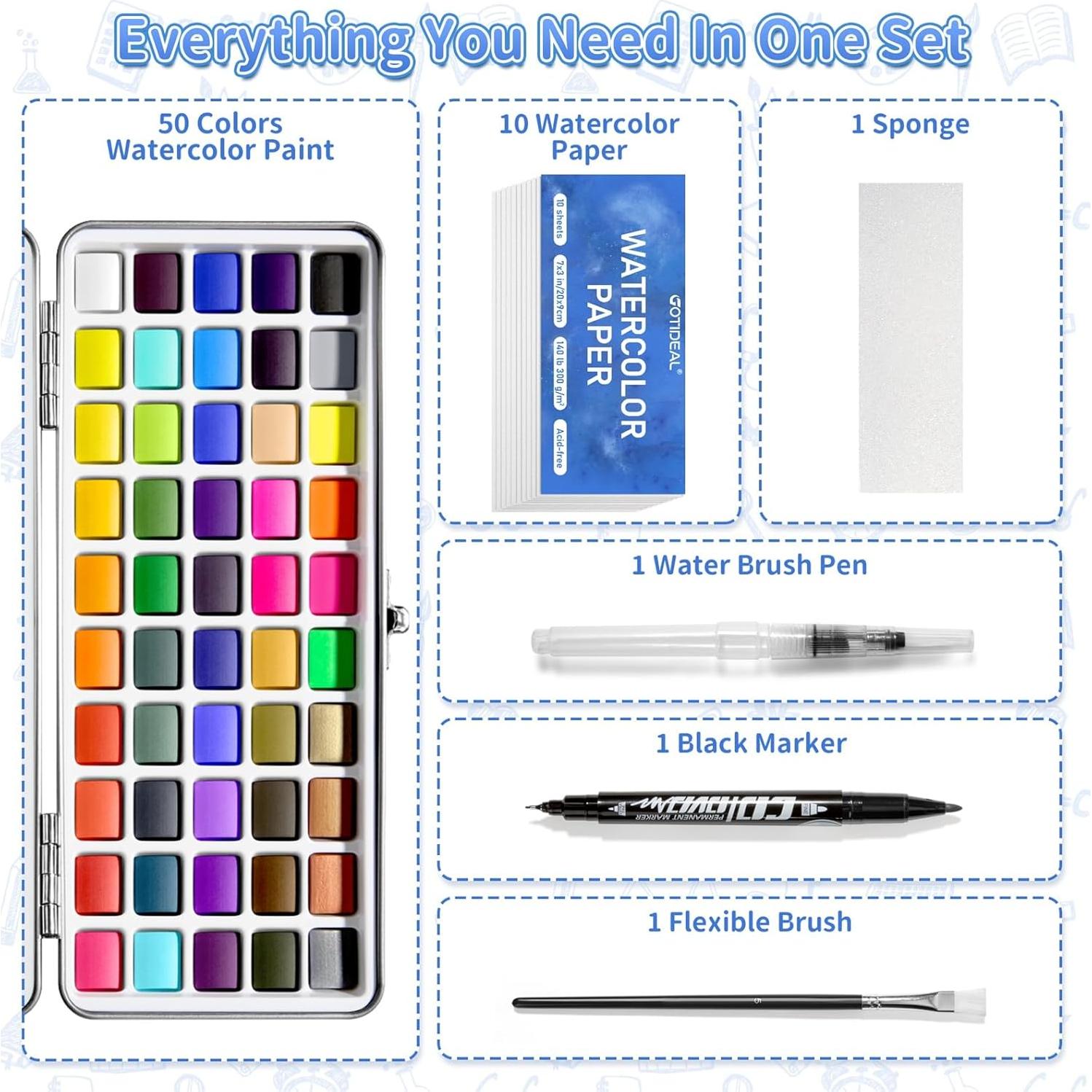 Juego de Pintura Acuarela GOTIDEAL 50 Colores Vivos Portátil