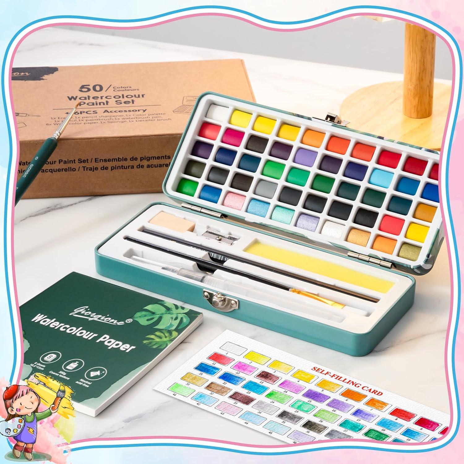 Juego de Pintura Acuarela Prudiut 50 Colores con Pinceles y Papel