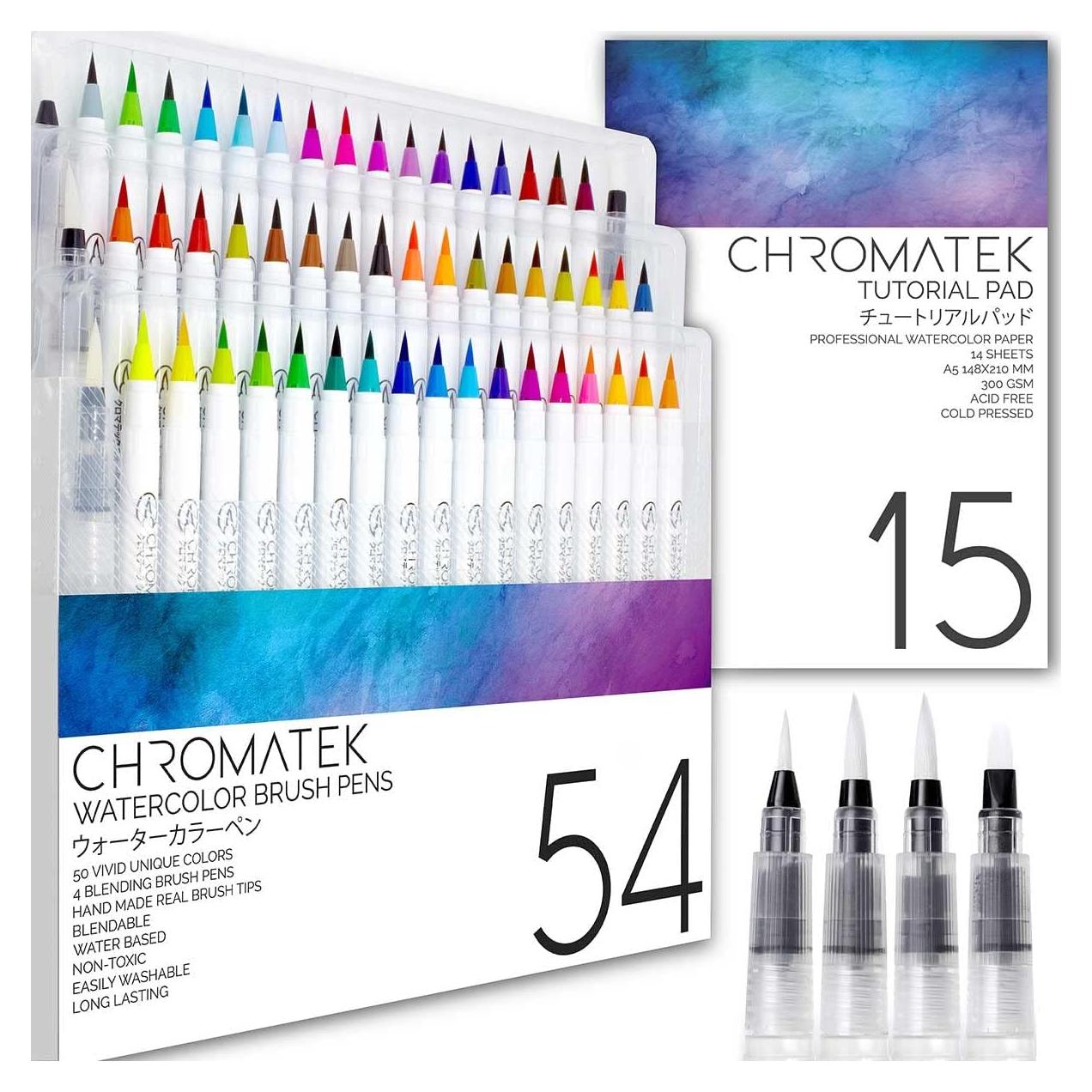 Juego de 54 Marcadores Acuarelables CHROMATEK con Bloc y Tutoriales