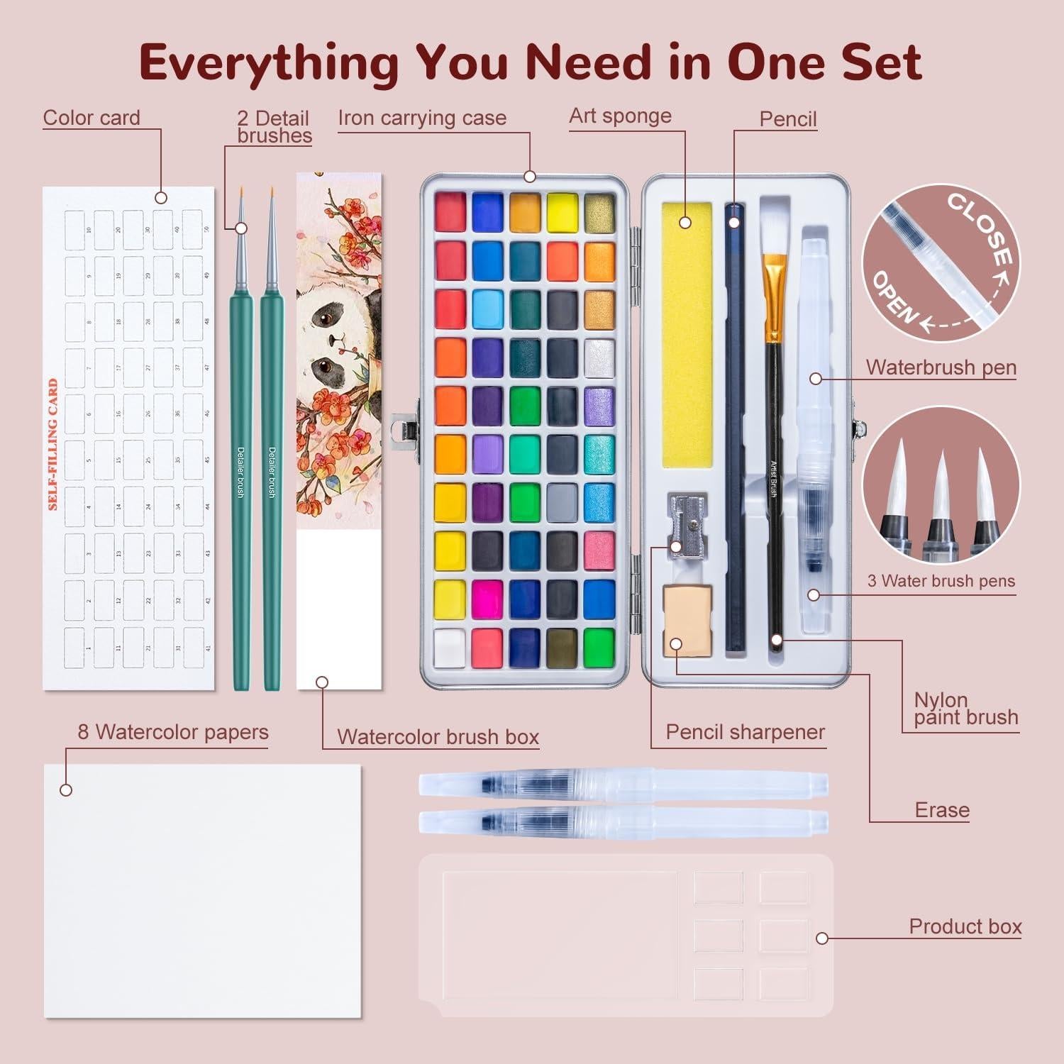 Set de Acuarelas Botkc 100 Colores con Pinceles y Papeles