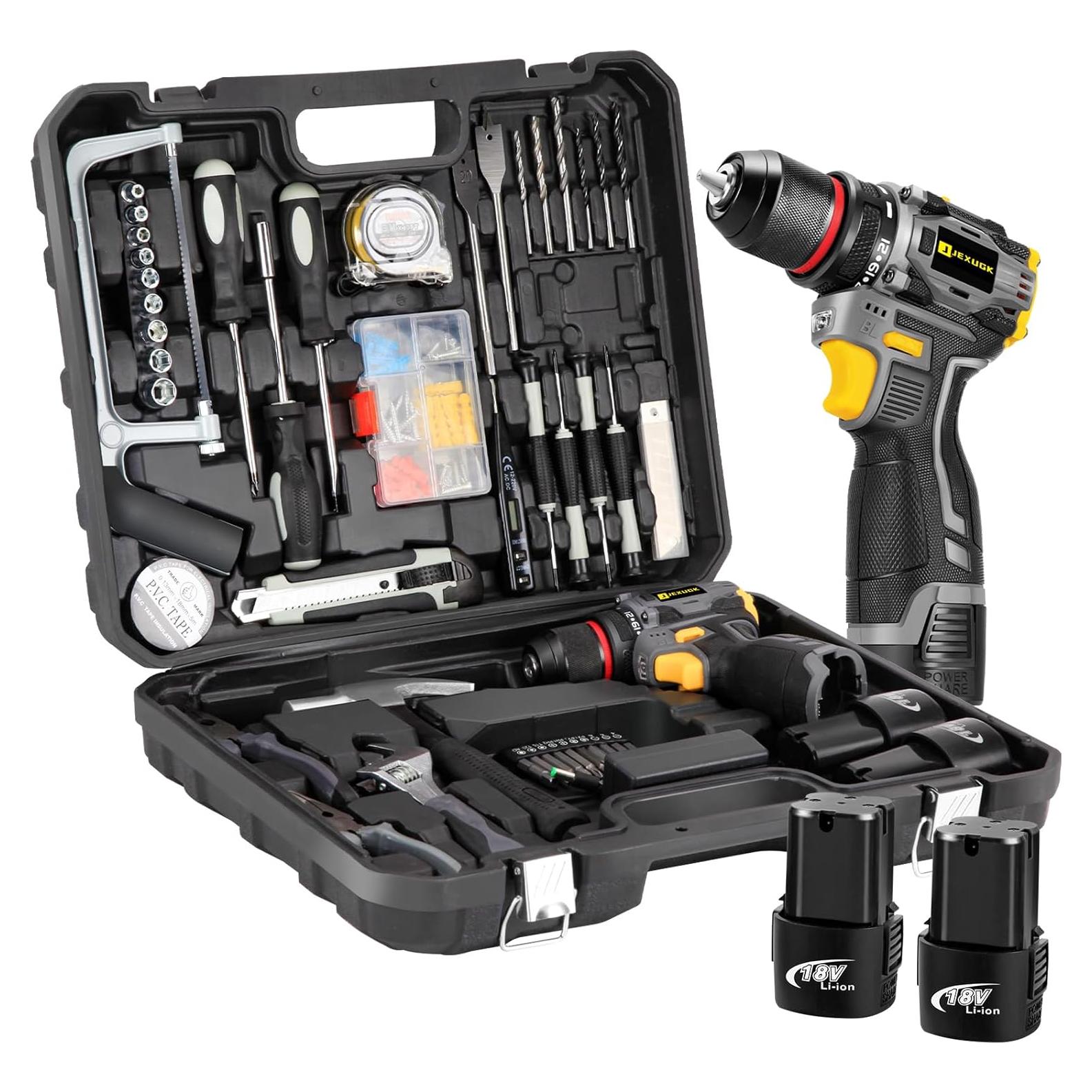 Juego de Herramientas JEXUGK 120 Pcs con Taladro Inalámbrico 18V