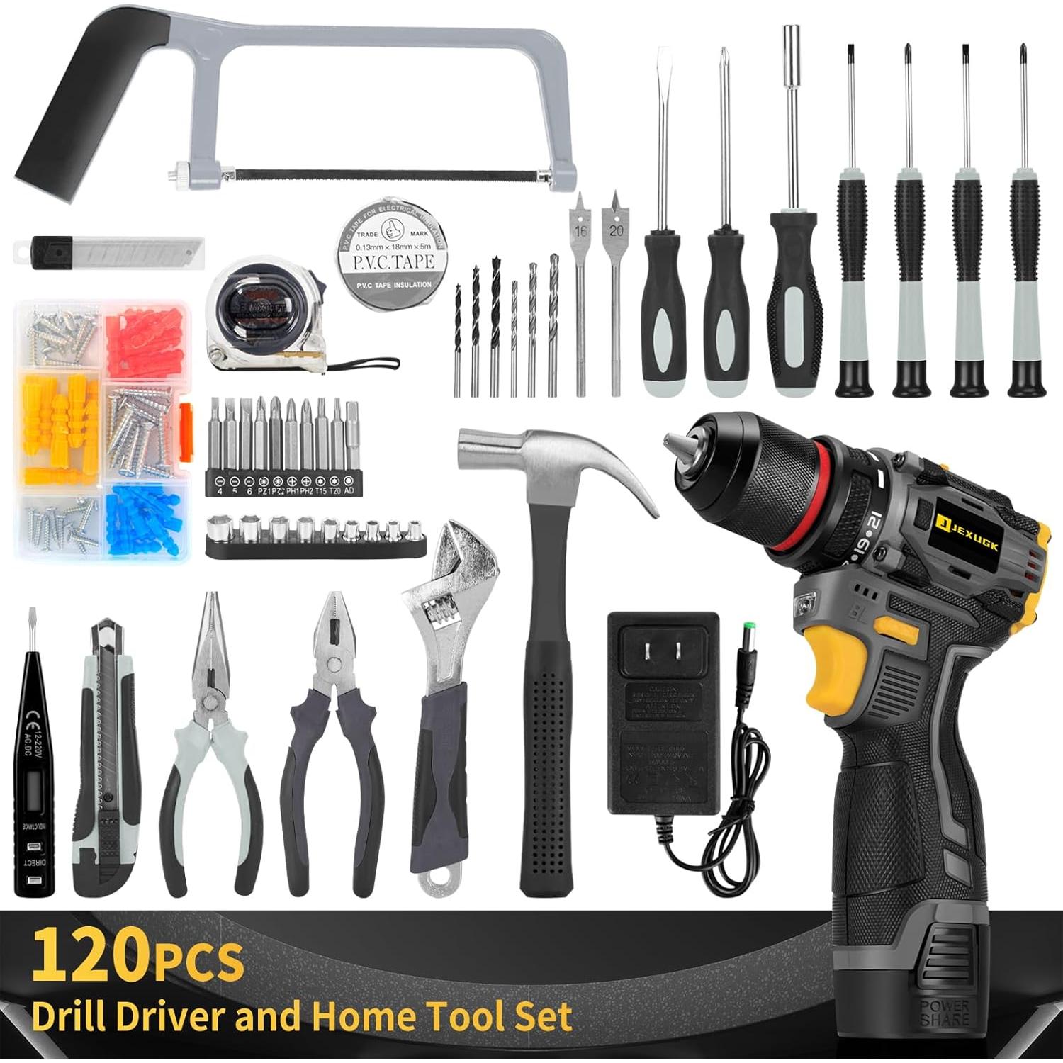 Juego de Herramientas JEXUGK 120 Pcs con Taladro Inalámbrico 18V