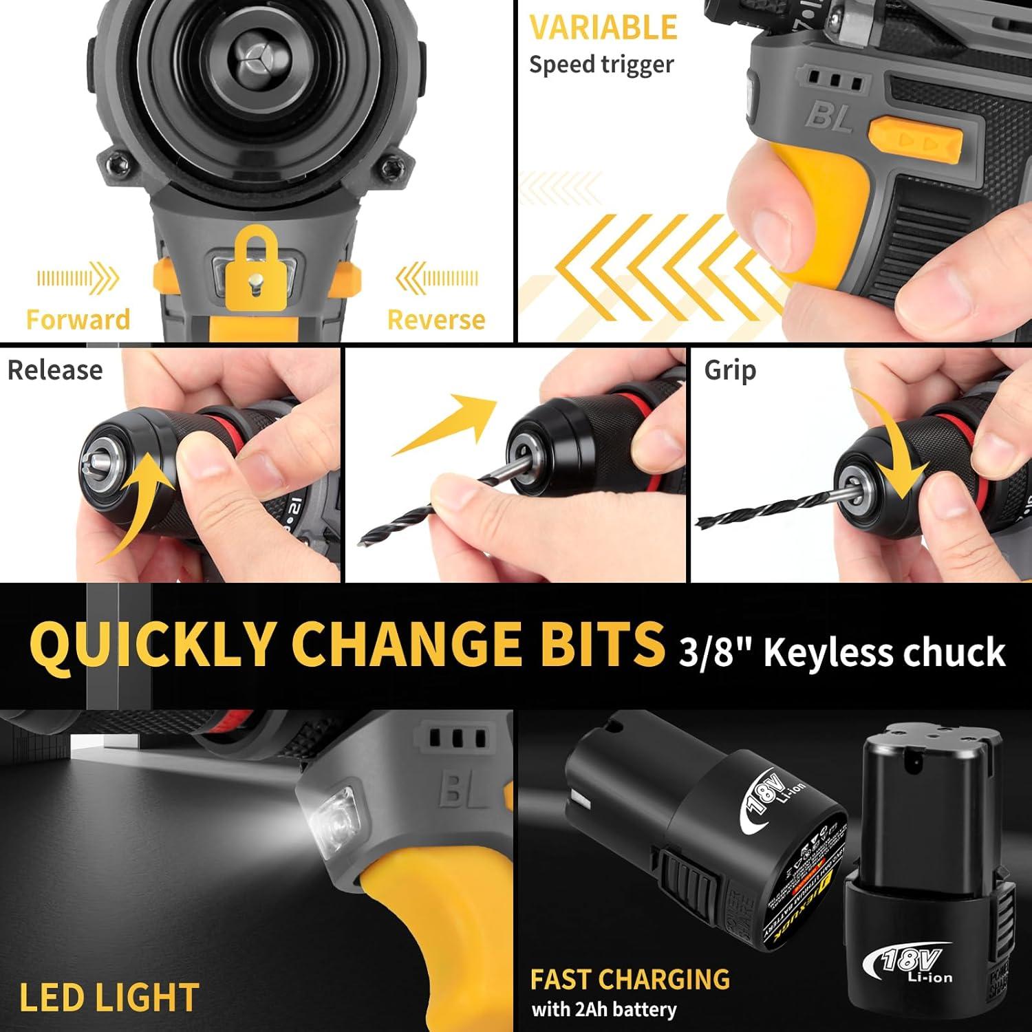 Juego de Herramientas JEXUGK 120 Pcs con Taladro Inalámbrico 18V