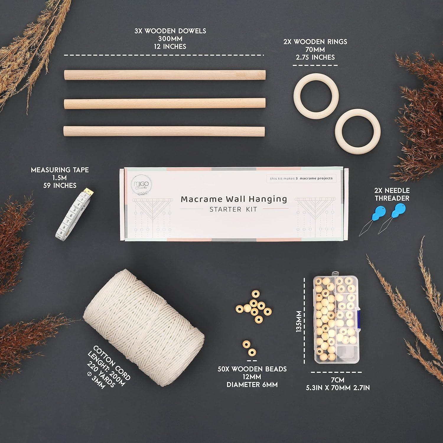 Kit de Macramé MIGO Creates para Principiantes - 58 Piezas y 201m Hilo