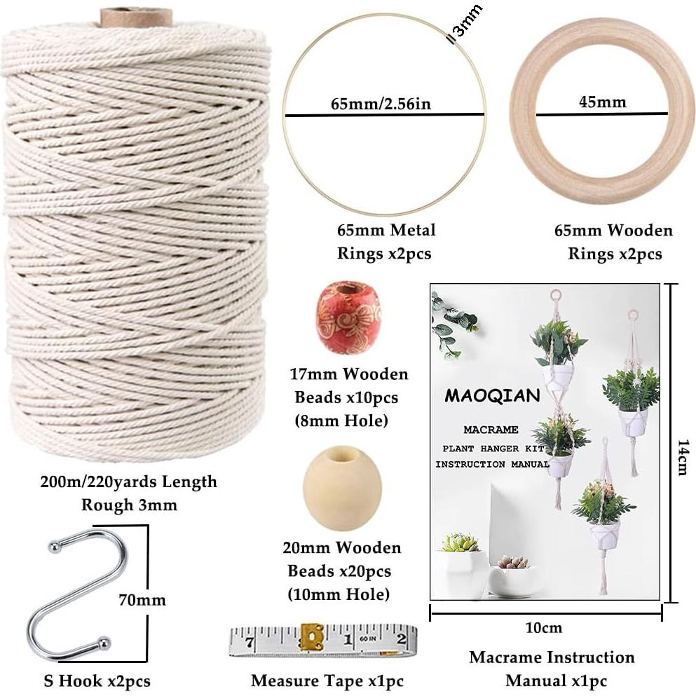Kit de Macramé 3 en 1 MAOQIAN - Cuerda de Algodón 3mm x 201m