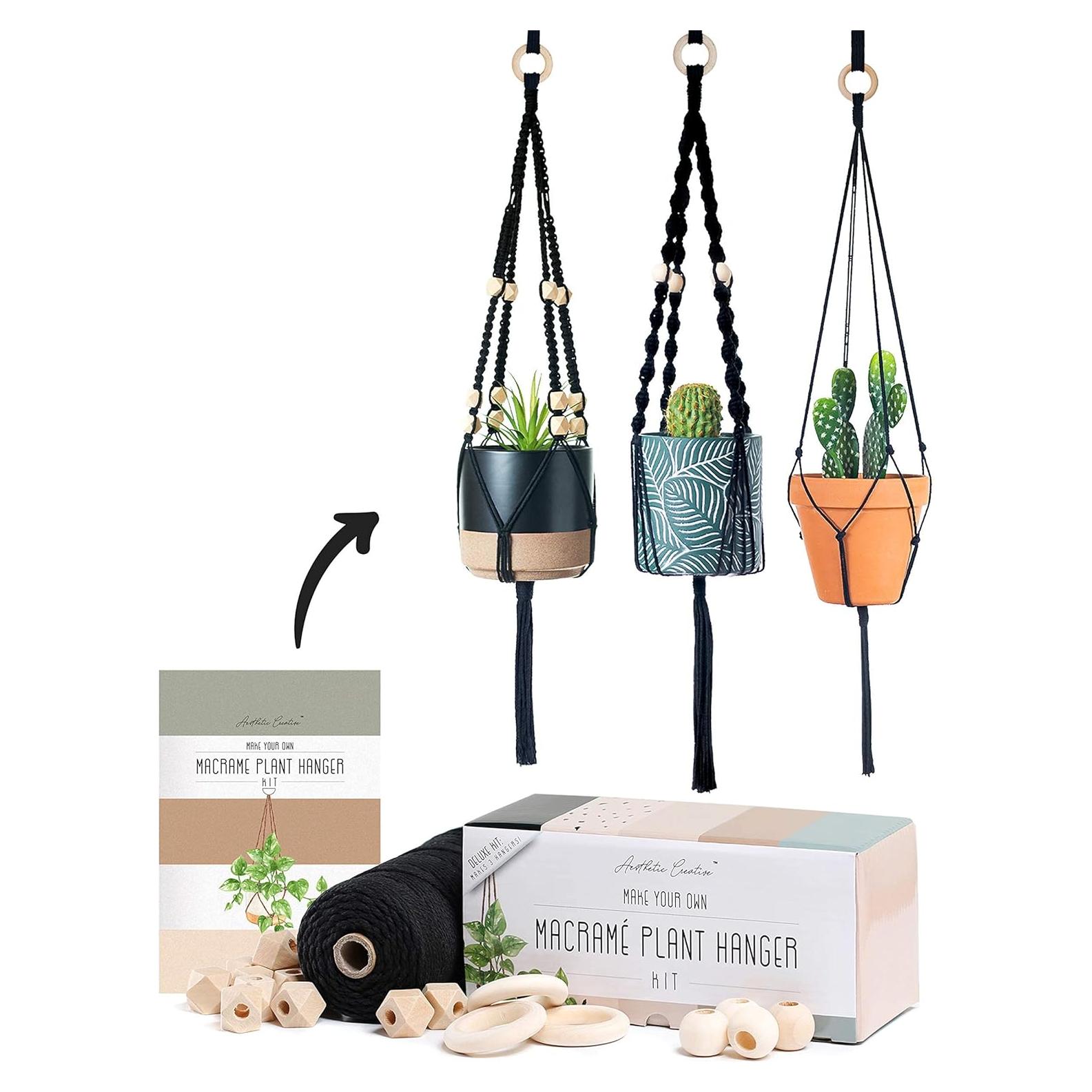 Kit de Macramé Aesthetic Creative - 3 Soportes de Plantas - 99m Cuerda Algodón 3mm