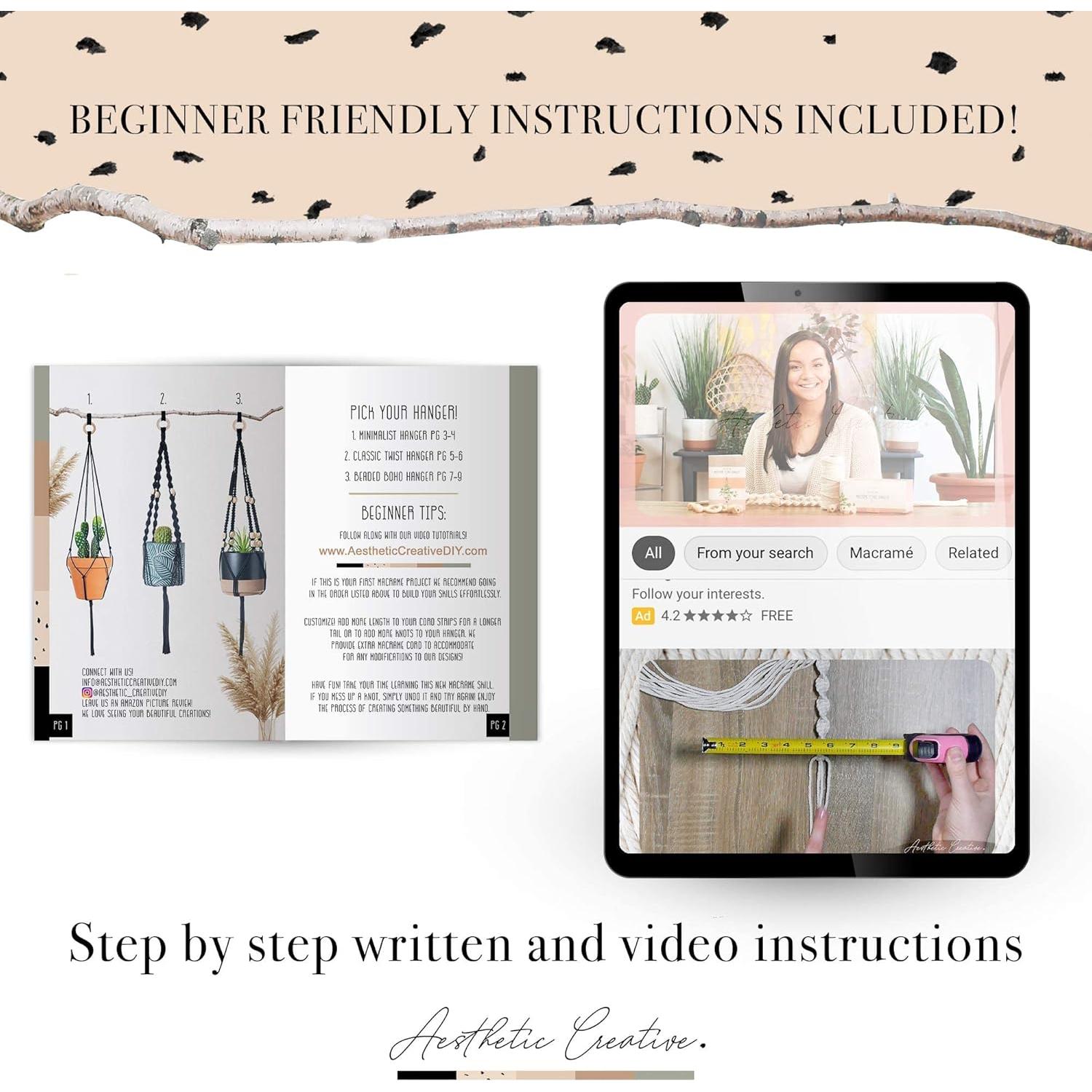 Kit de Macramé Aesthetic Creative - 3 Soportes de Plantas - 99m Cuerda Algodón 3mm