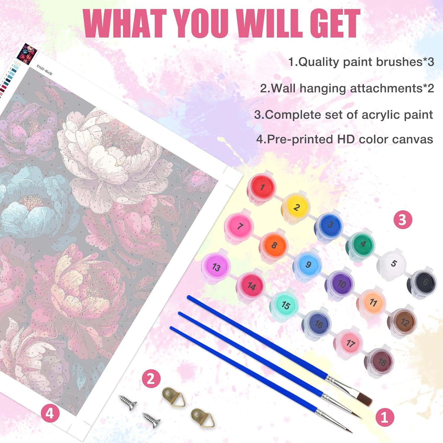 Kit de Pintura por Números Lxmsja Peonías 50x40 cm Acrílica