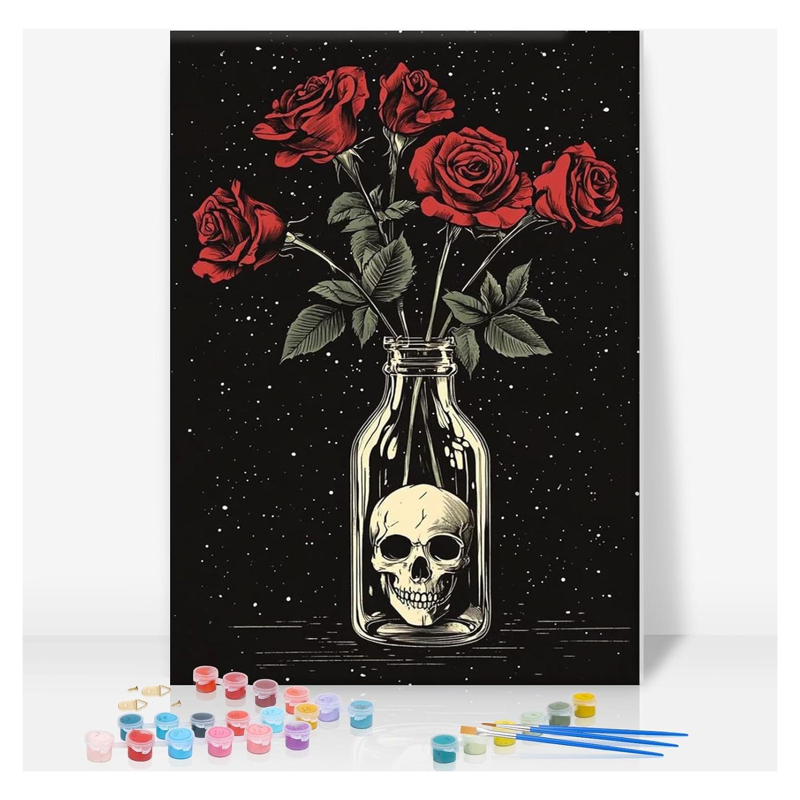 Kit de Pintura por Números Enmarcado GEEHEIY 20x30 cm Calavera y Rosas
