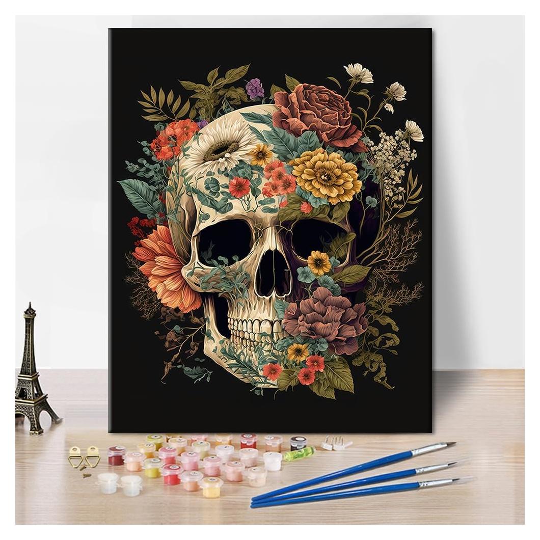 TUMOVO Kit de Pintura por Números Adultos Calavera Floral 40x50cm