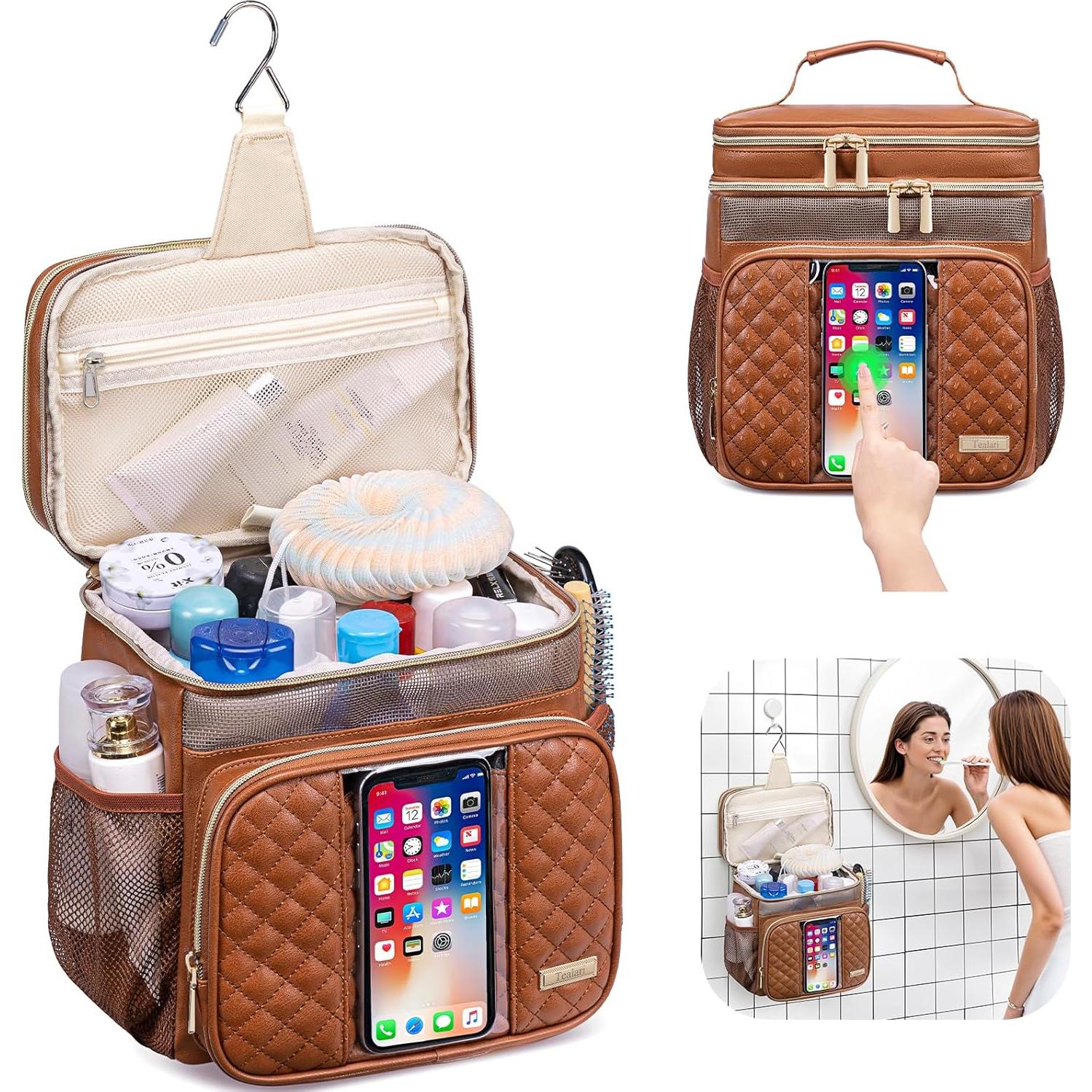 Bolsa de Aseo de Cuero Marrón Unisex 26.7x19.6x28.4 cm