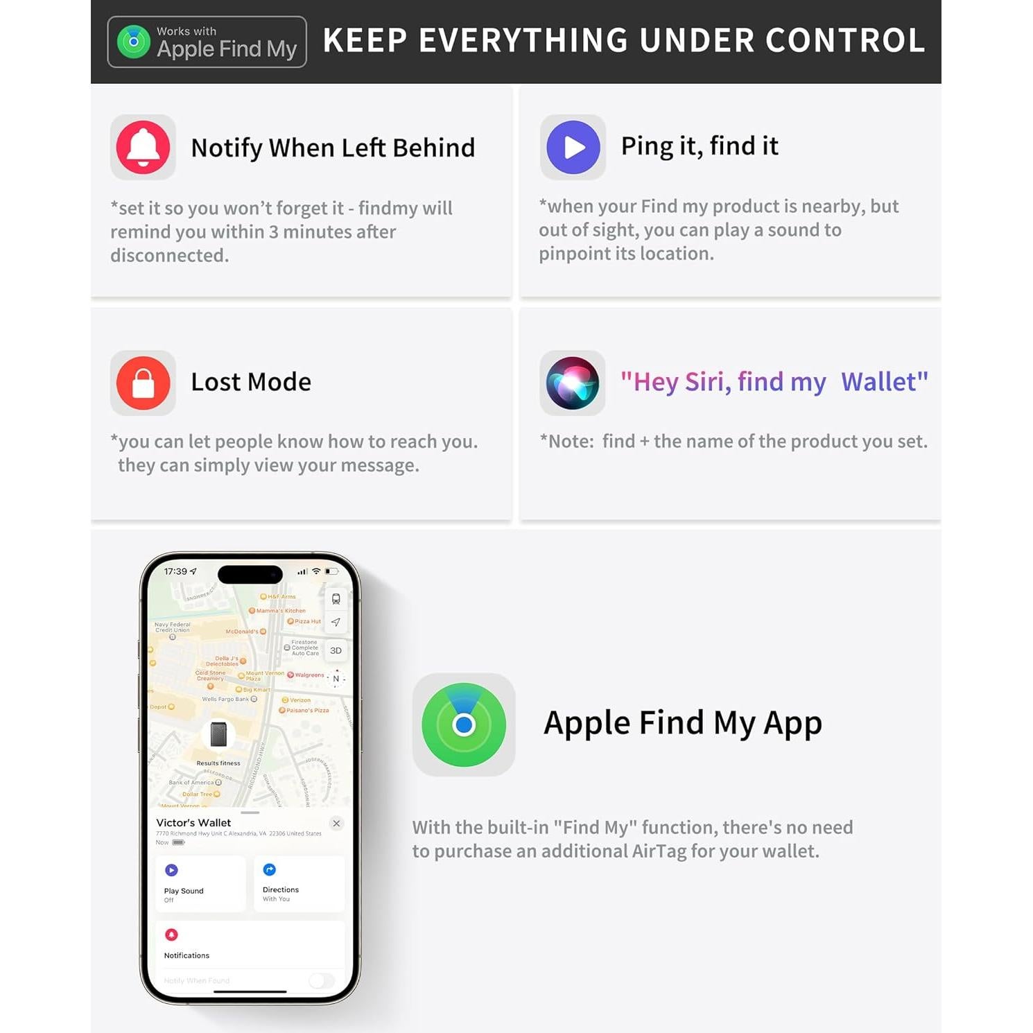 Billetera inteligente Auskang con rastreador Find My, cuero RFID