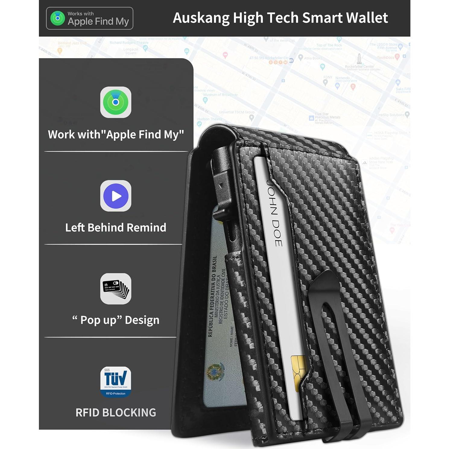 Billetera inteligente Auskang con rastreador Find My, cuero RFID