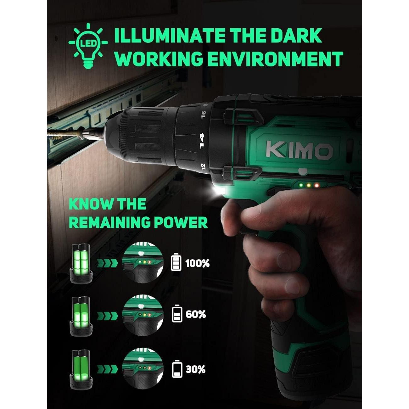 Taladro Inalámbrico KIMO 12V con 48 Piezas y Batería Li-Ion