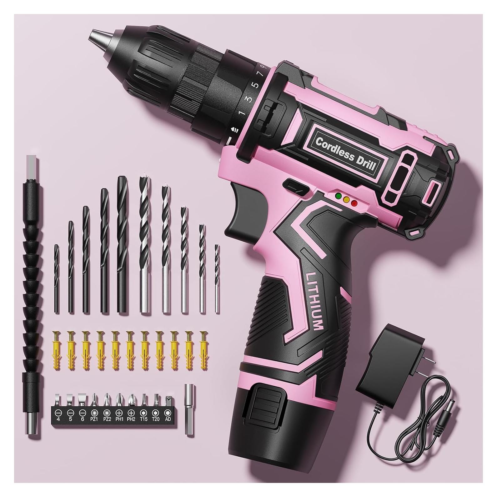 Taladro Inalámbrico VIWKO Rosa 12V con 42 Accesorios