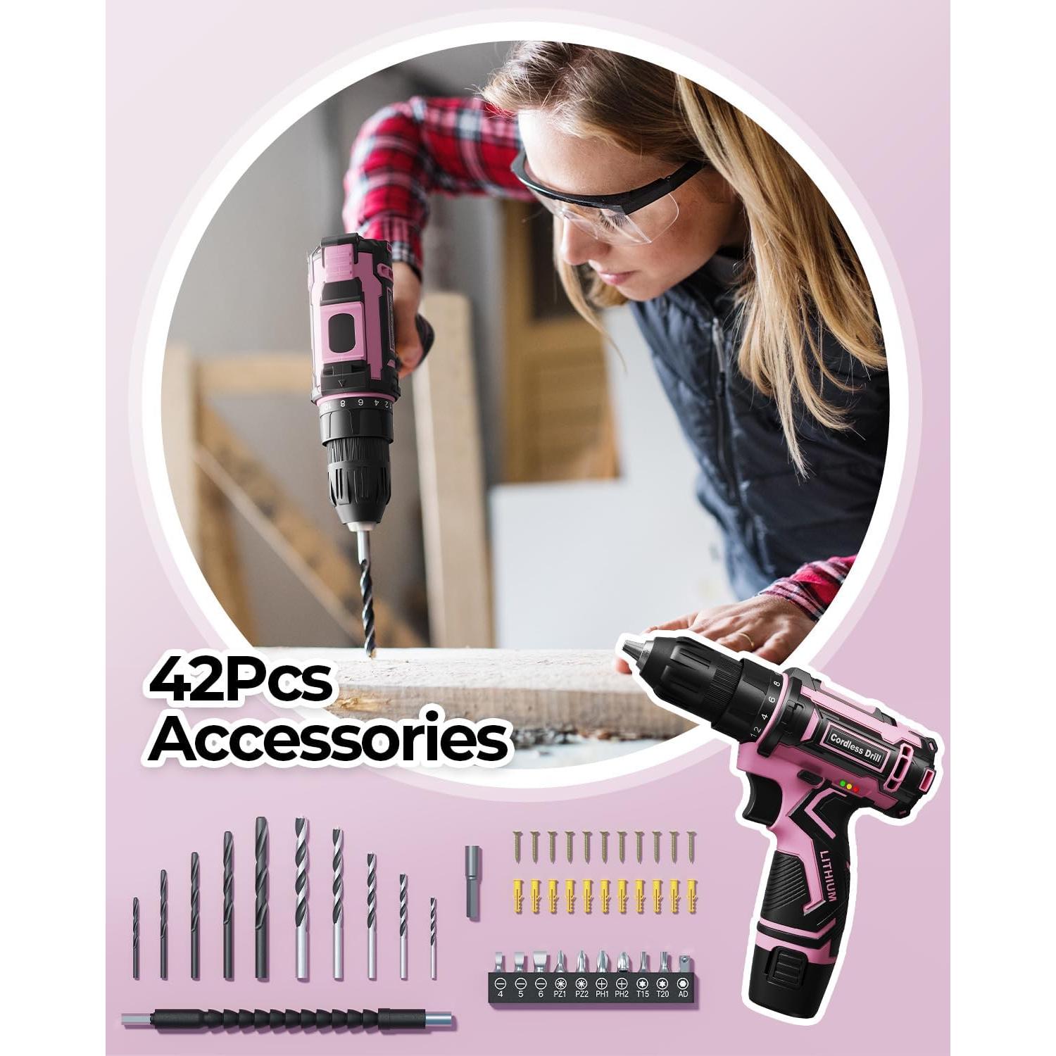 Taladro Inalámbrico VIWKO Rosa 12V con 42 Accesorios