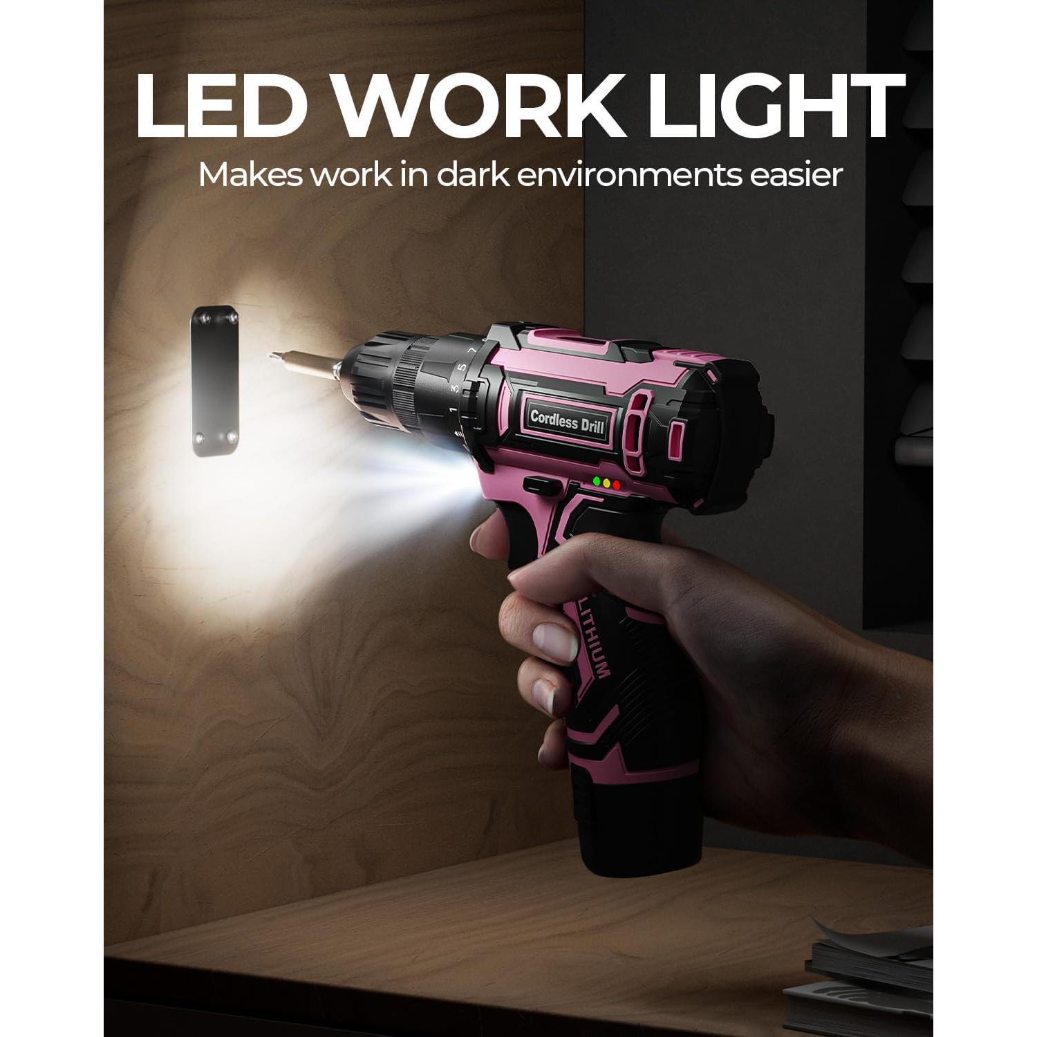 Taladro Inalámbrico VIWKO Rosa 12V con 42 Accesorios