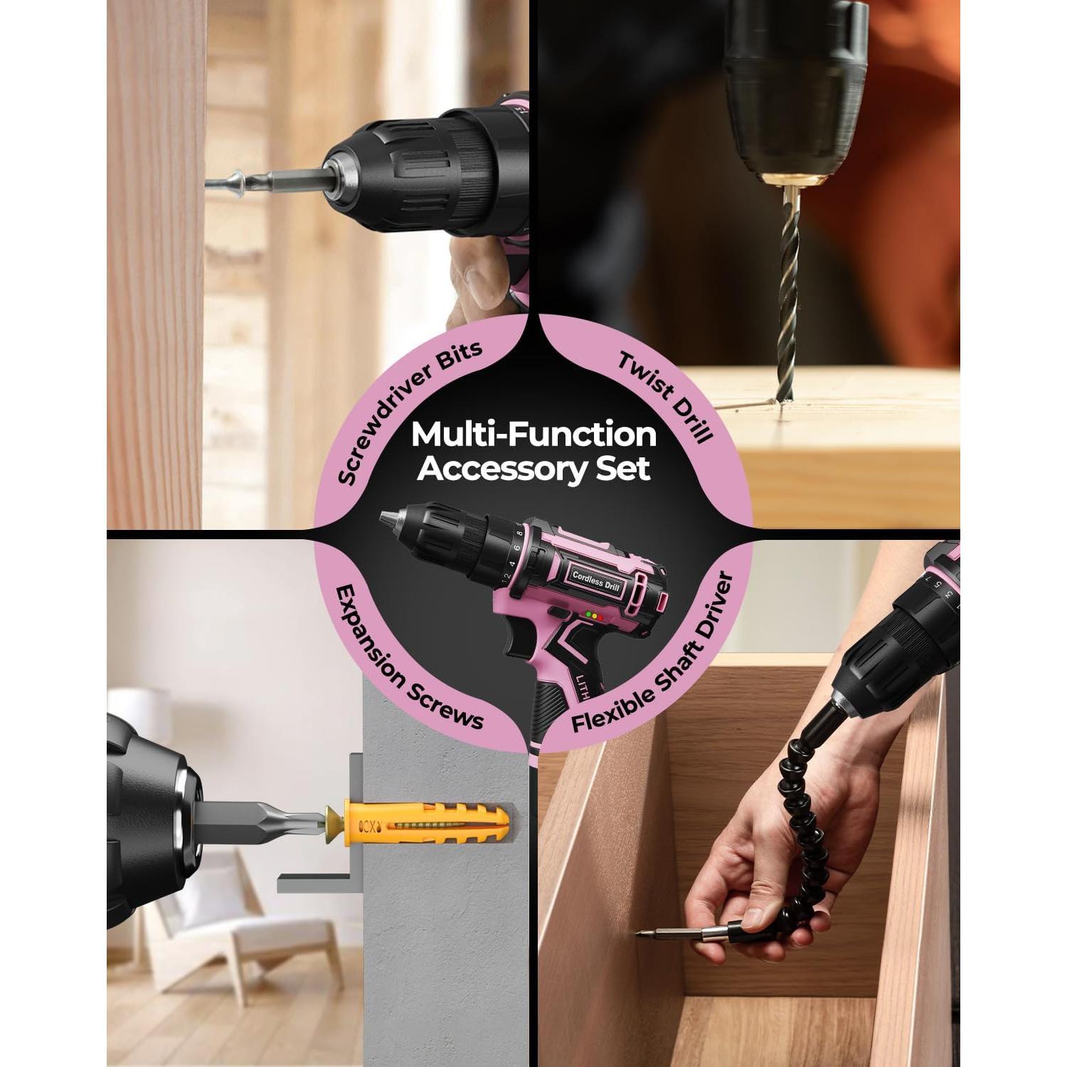 Taladro Inalámbrico VIWKO Rosa 12V con 42 Accesorios