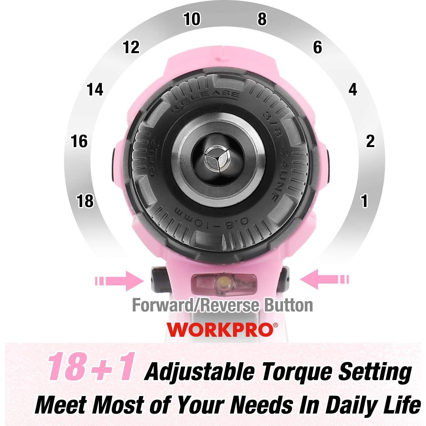 Taladro Inalámbrico WORKPRO 12V Rosa con Kit de Herramientas 75 Pzas