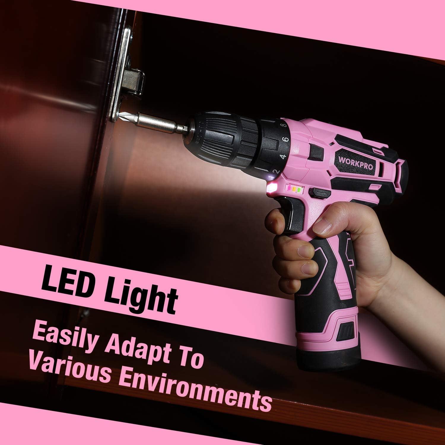 Taladro Inalámbrico WORKPRO 12V Rosa con Kit de Herramientas 75 Pzas