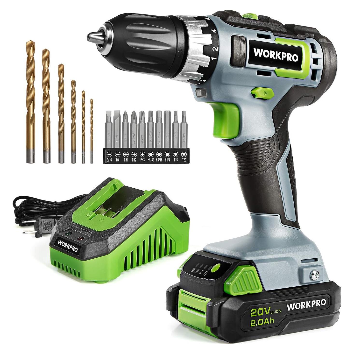 Taladro Atornillador Inalámbrico WORKPRO 20V 2.0 Ah Velocidad Variable