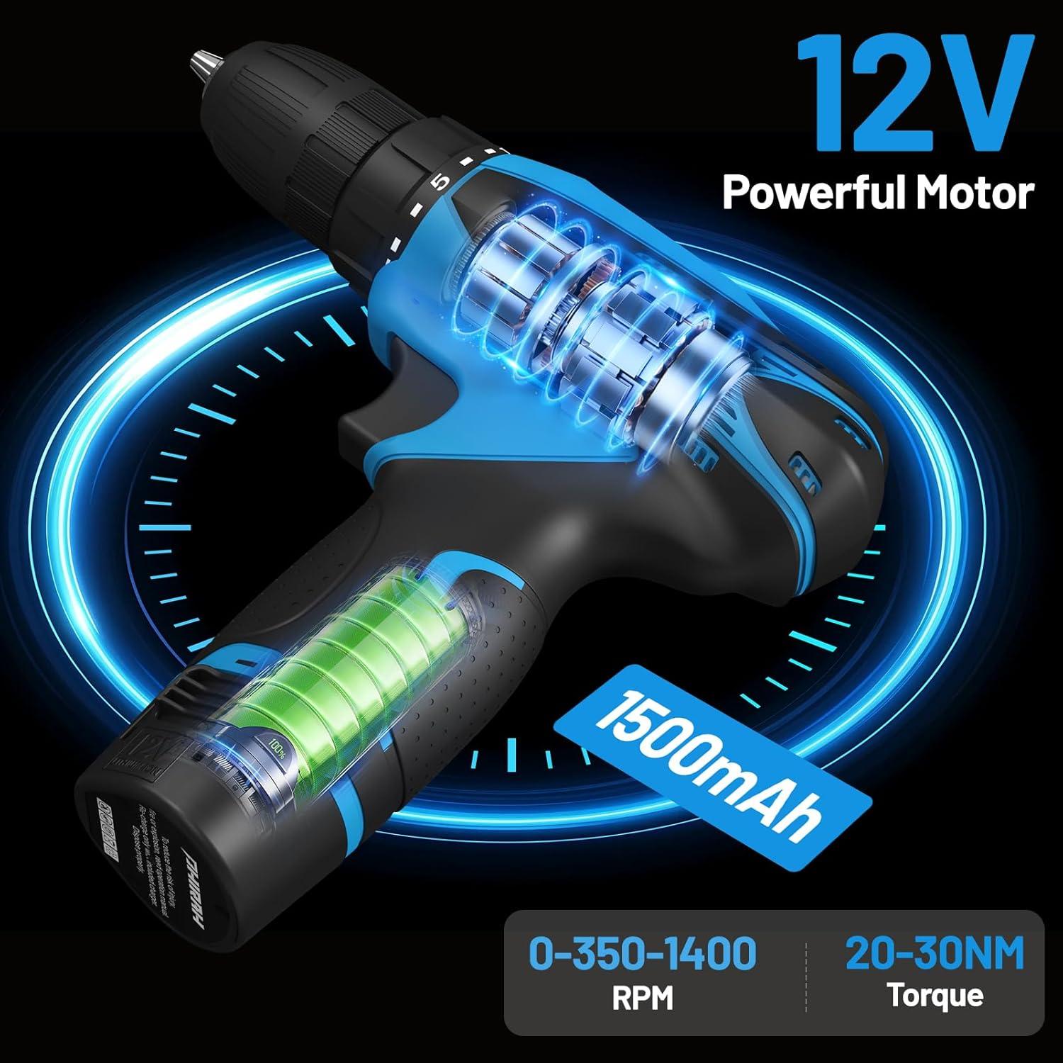 Taladro Inalámbrico PHIRAH 12V con Batería y Cargador Azul