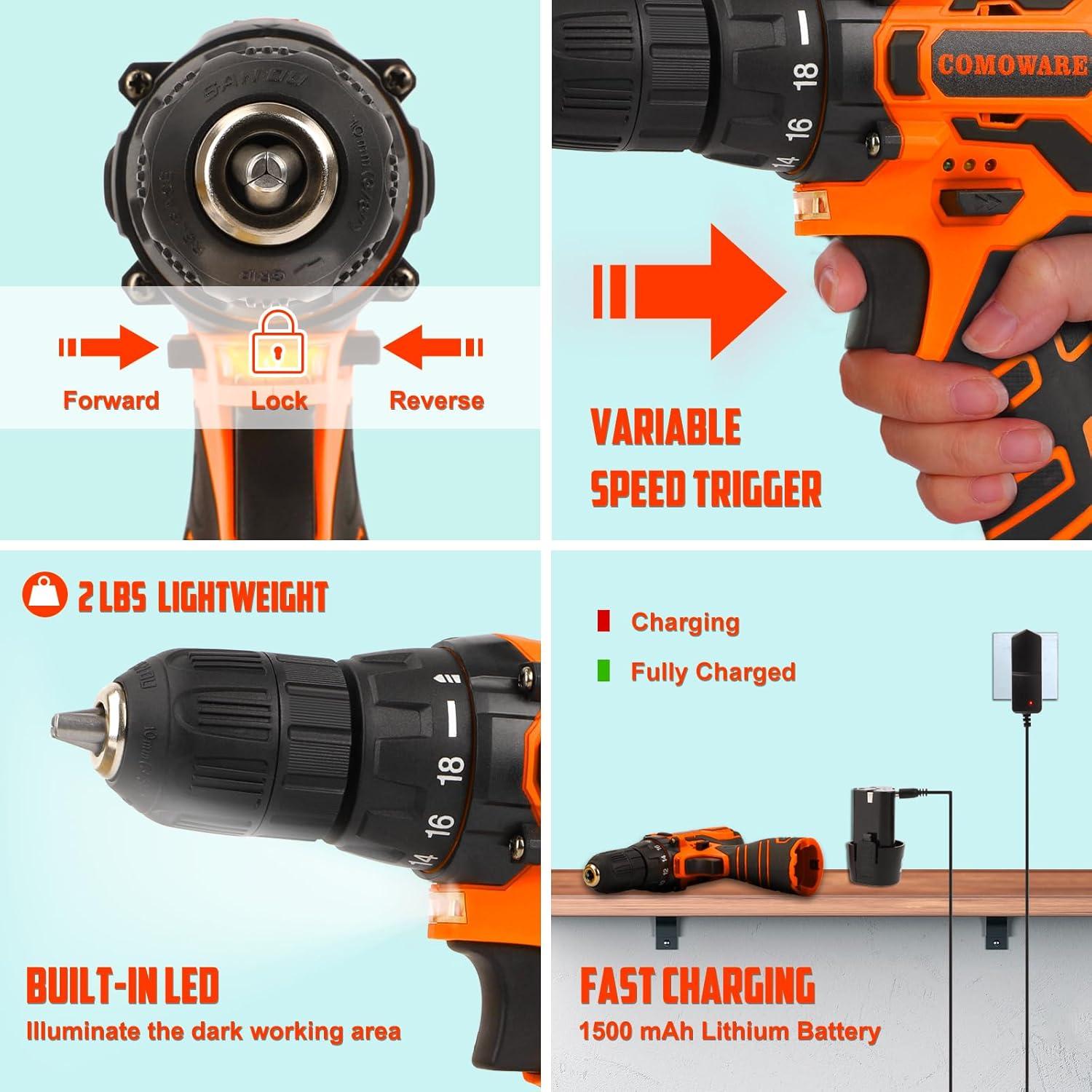 Kit de Herramientas COMOWARE 195 Piezas con Taladro 12V
