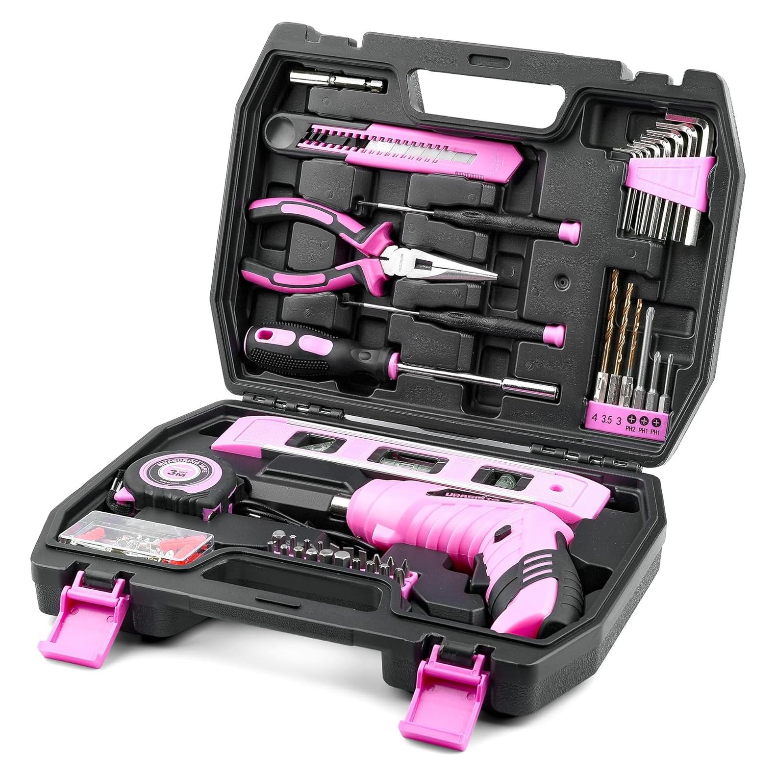 Juego de Herramientas Rosa 123 Piezas URASISTO con Taladro 3.6V