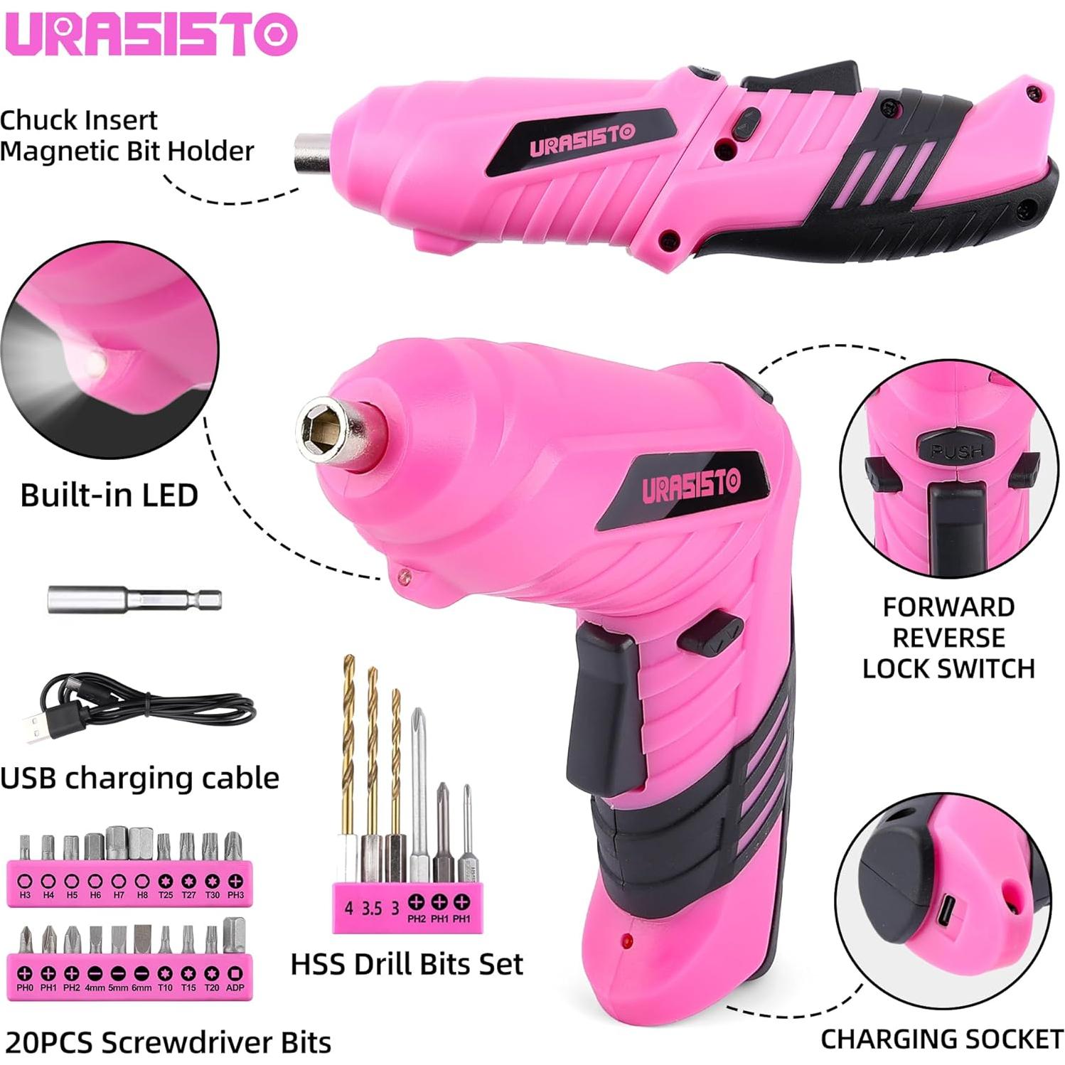 Juego de Herramientas Rosa 123 Piezas URASISTO con Taladro 3.6V