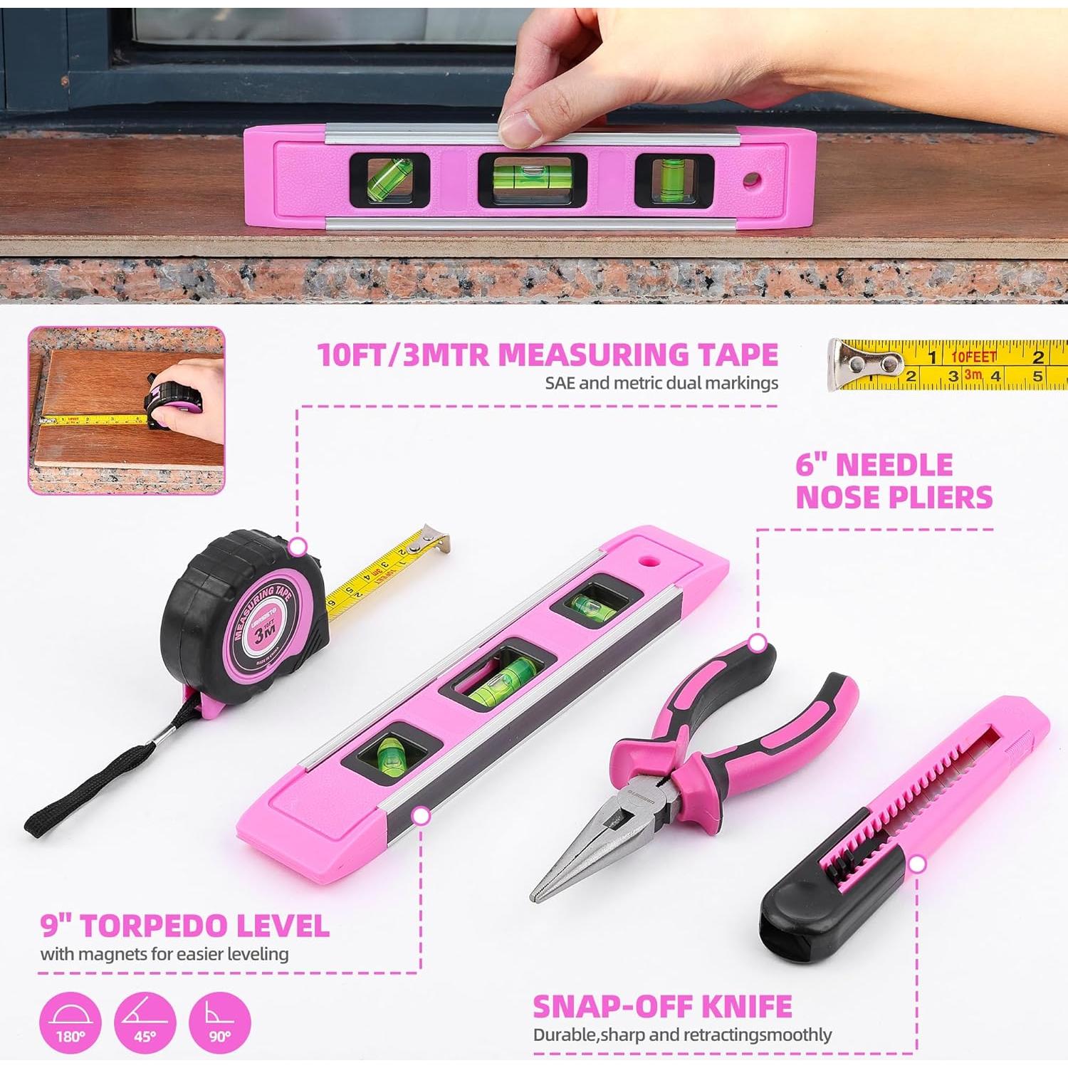 Juego de Herramientas Rosa 123 Piezas URASISTO con Taladro 3.6V