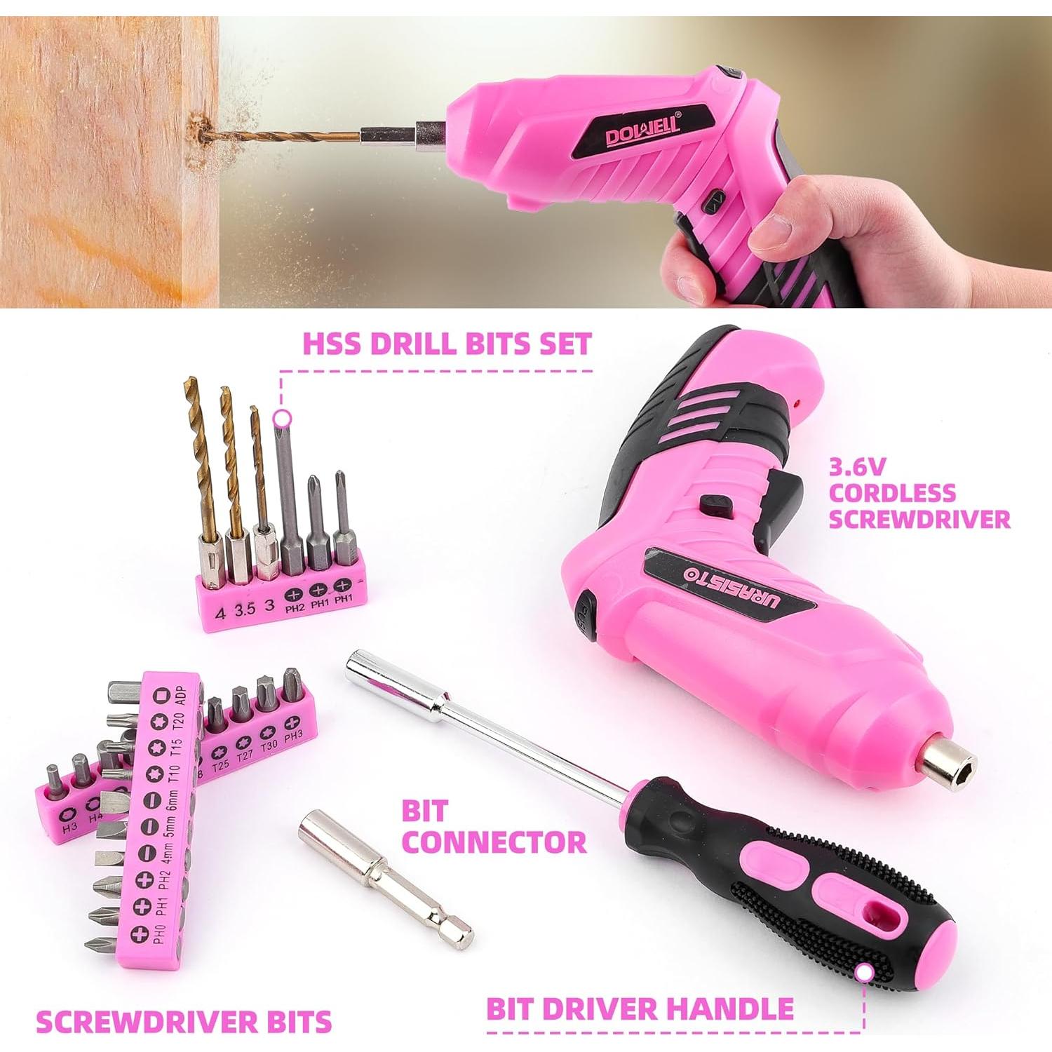 Juego de Herramientas Rosa 123 Piezas URASISTO con Taladro 3.6V