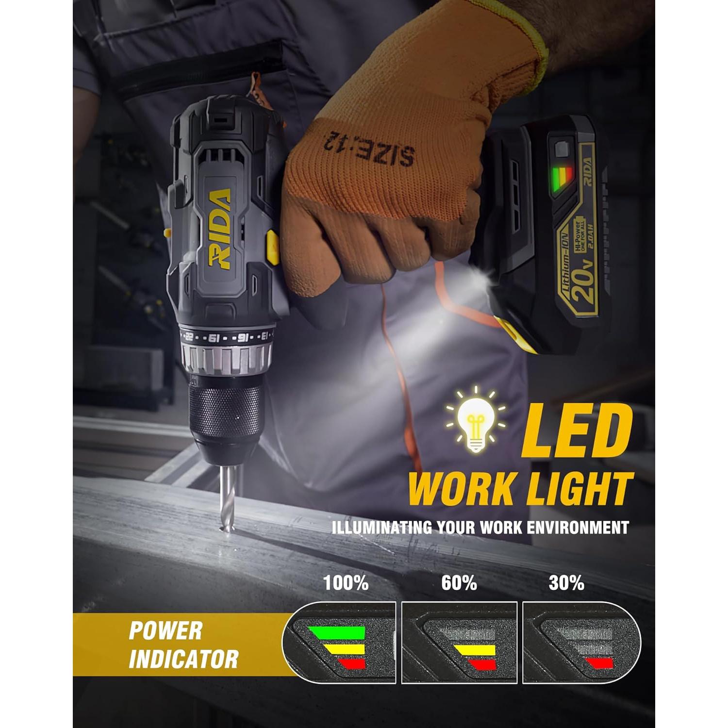 Taladro Inalámbrico RIDA 20V 2.0Ah con Accesorios 25 Piezas