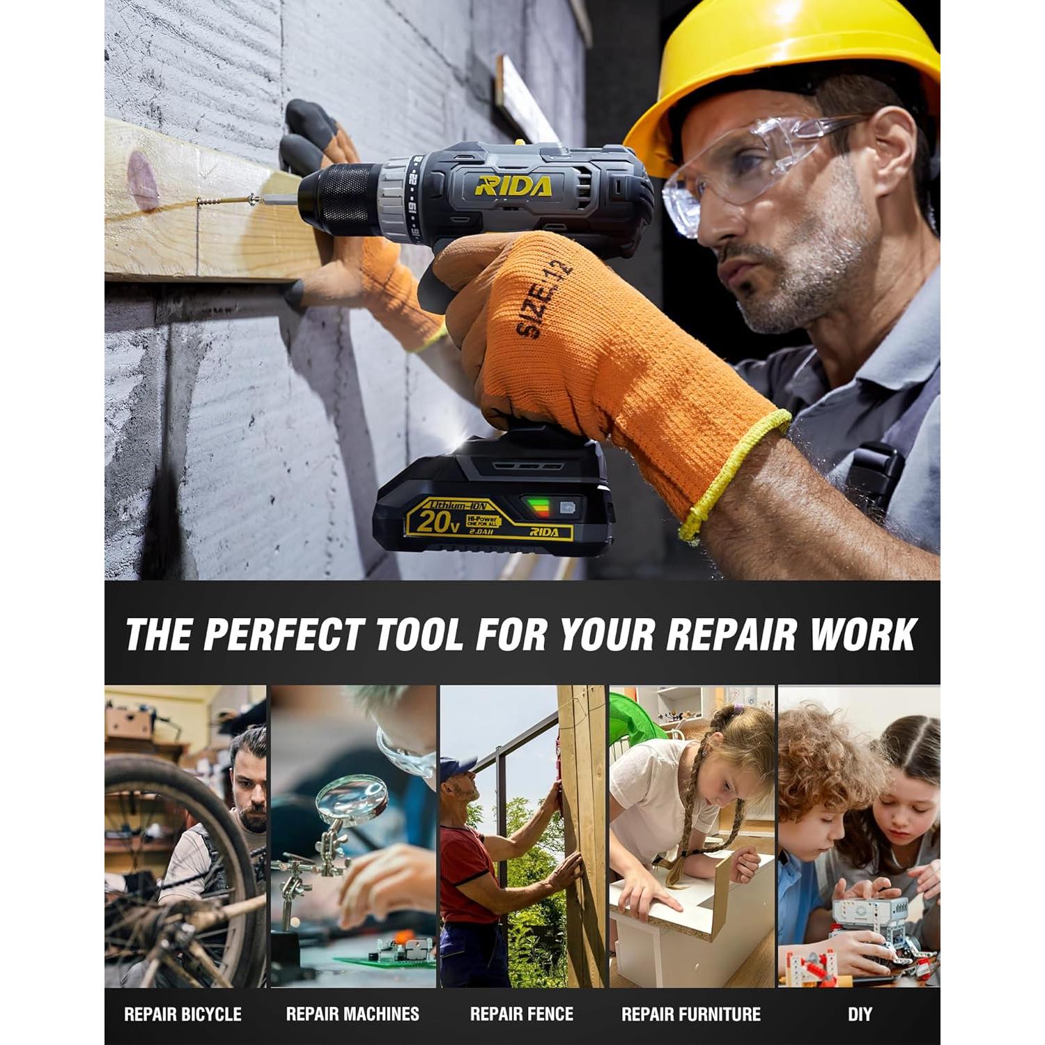 Taladro Inalámbrico RIDA 20V 2.0Ah con Accesorios 25 Piezas